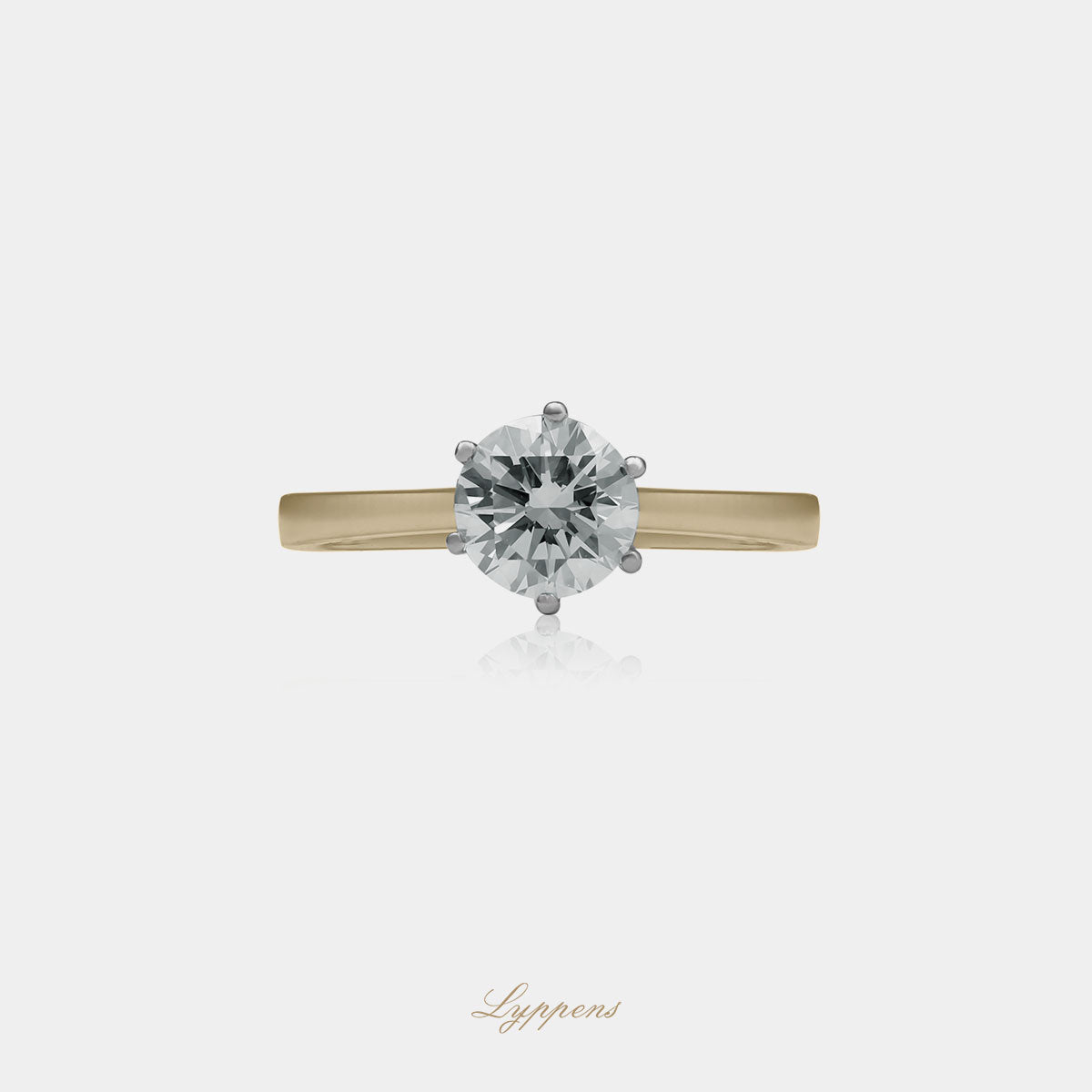 Geelgouden solitair ring, Deze verlovingsring is gezet met een briljant geslepen diamant van 1.39ct.