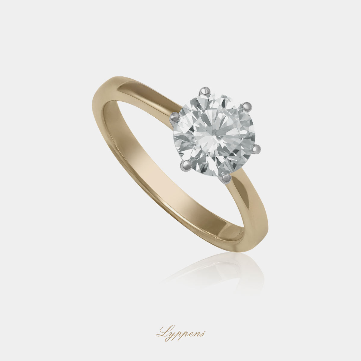 Geelgouden solitair ring, Deze verlovingsring is gezet met een briljant geslepen diamant van 1.39ct.