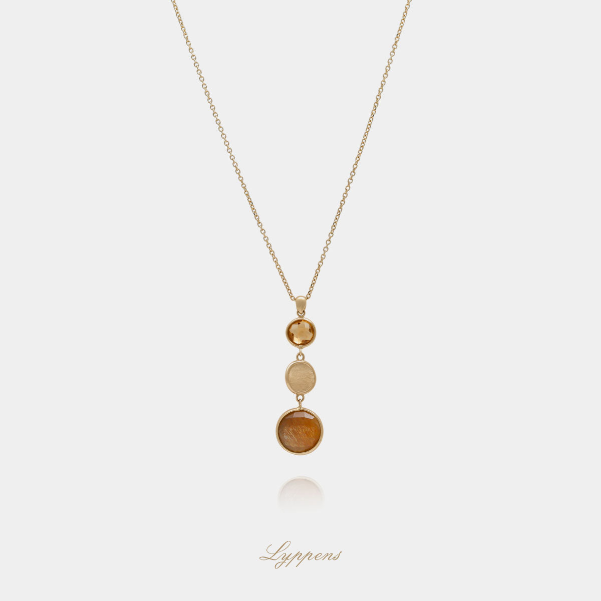 Elegant 14kt geelgouden collier met gematteerde gouden hanger en ronde citrien en zonnesteen