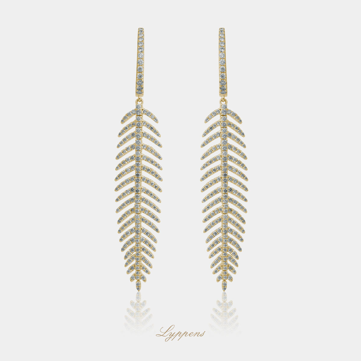 Yellow gold feather earrings with diamonds