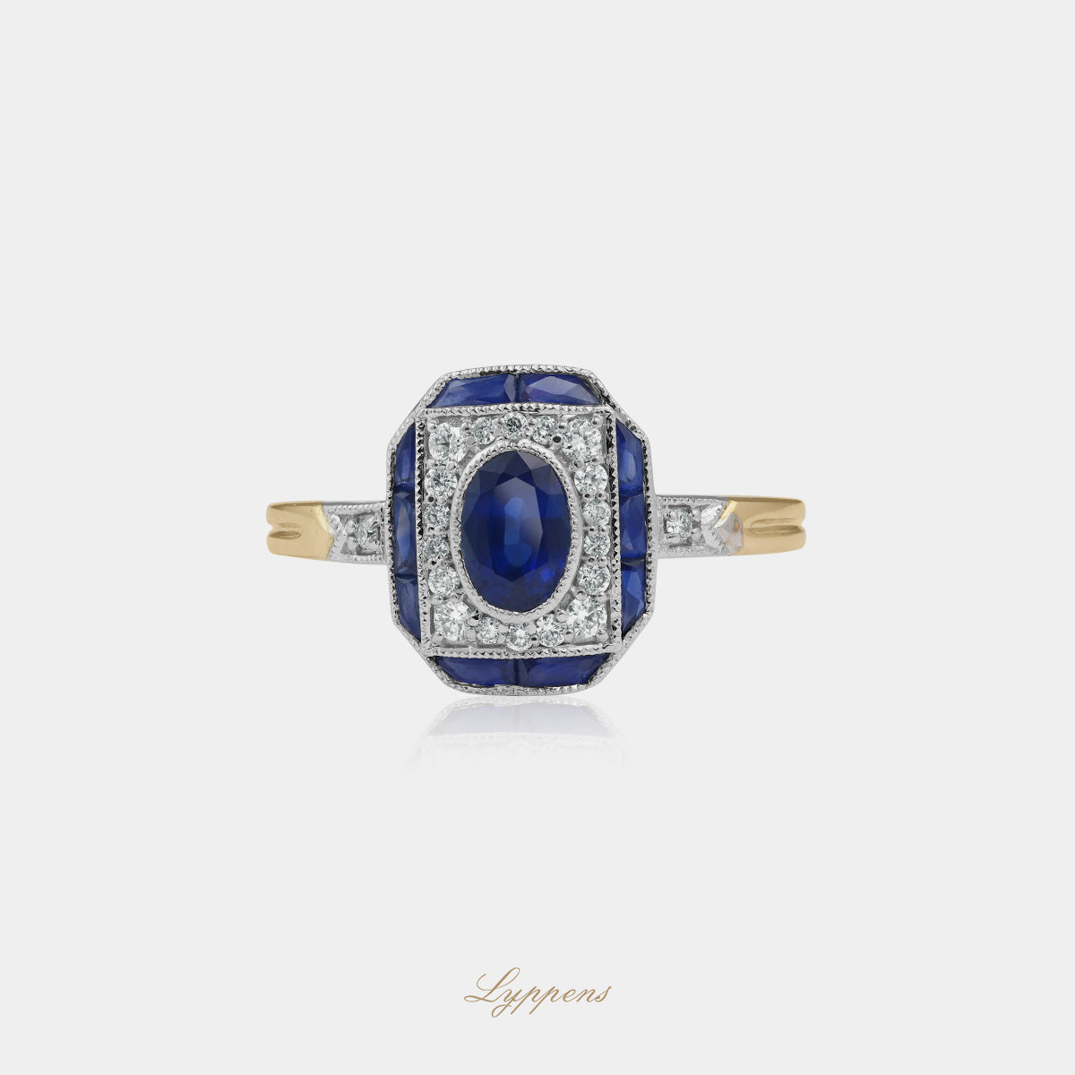 Yellow gold ring with sapphire and diamonds