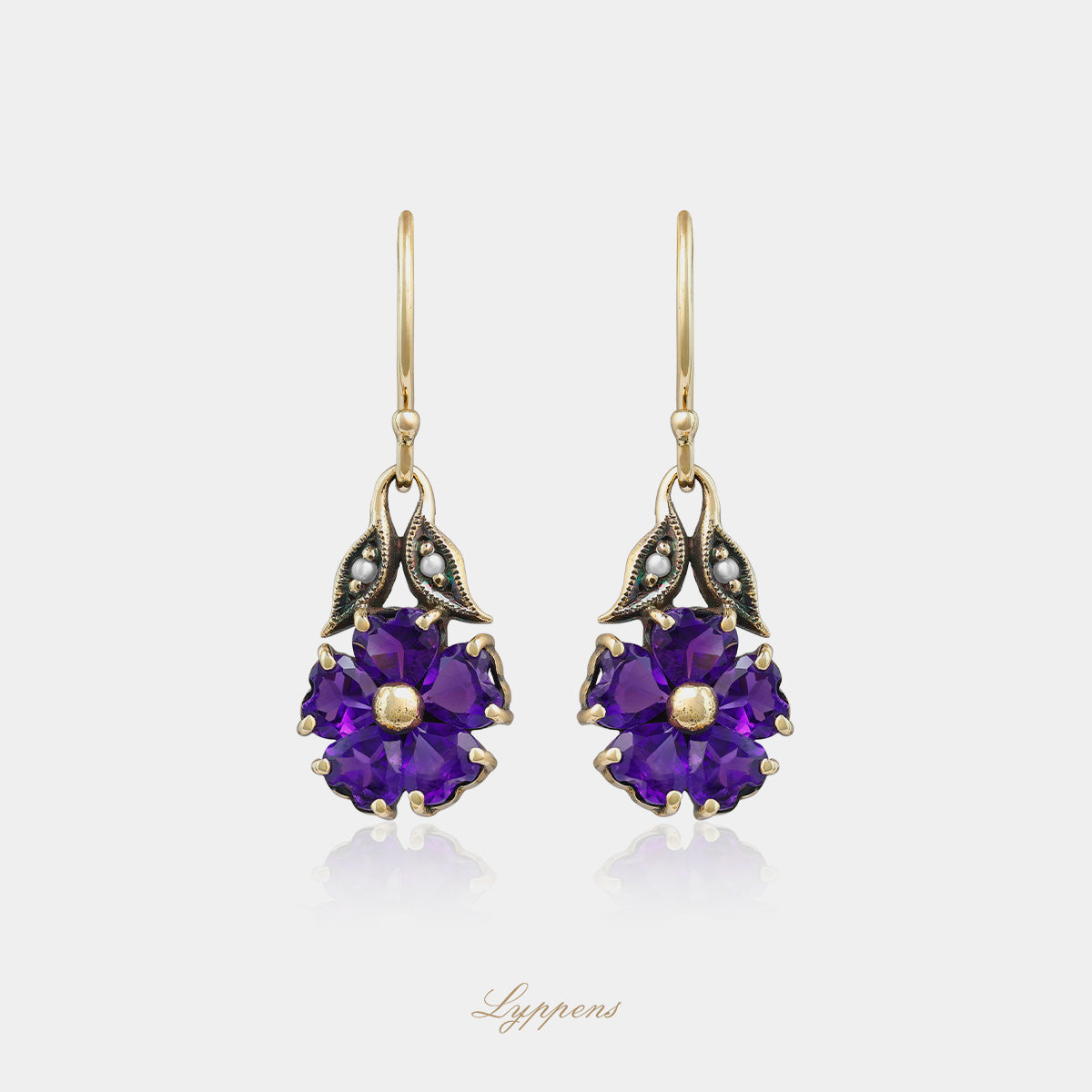 Yellow gold drop earrings with amethyst and pearls