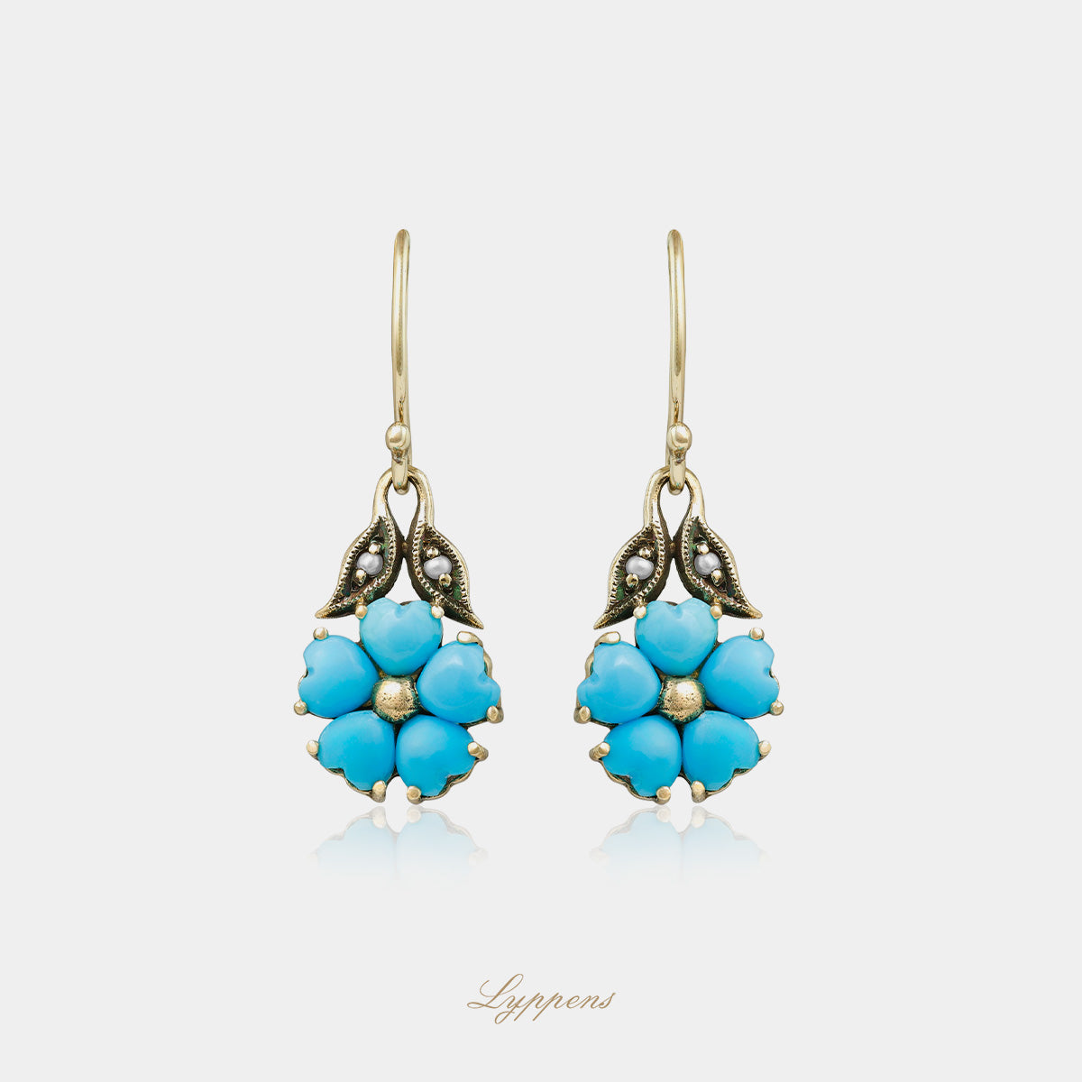 Yellow gold drop earrings with turquoise and pearls