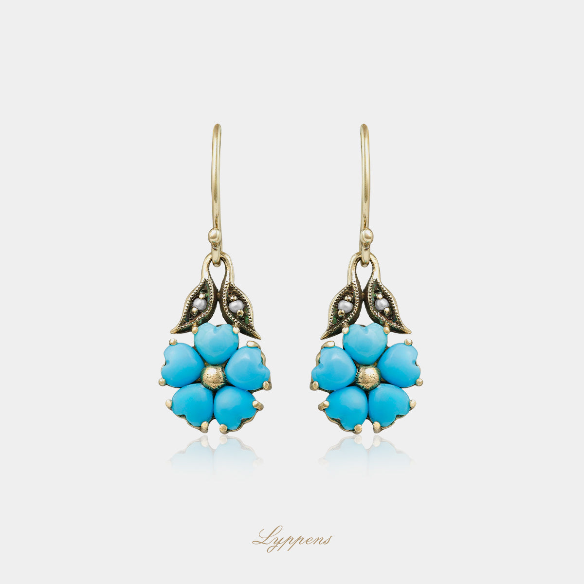 Yellow gold earrings with turquoise and pearls