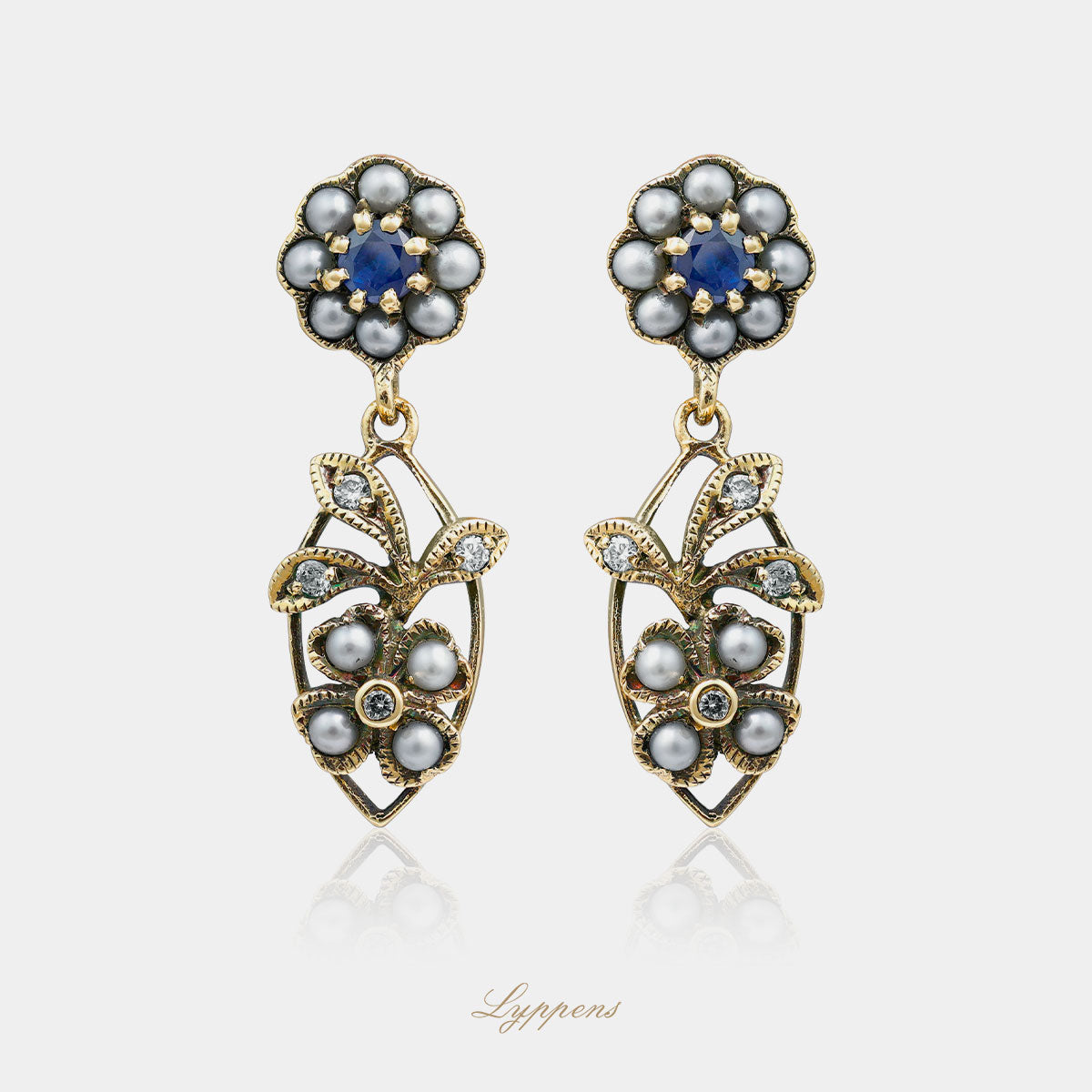 Yellow gold drop earrings with pearls, sapphire and diamonds