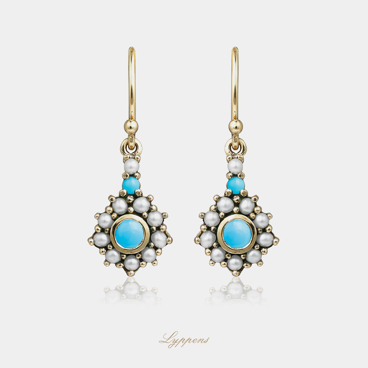 Yellow gold earrings with turquoise and pearls