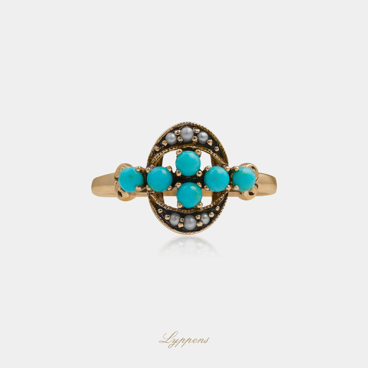 Yellow gold ring with turquoise and pearls