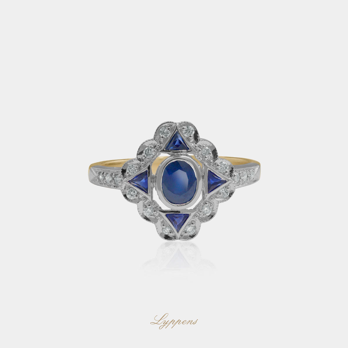 Yellow gold ring with sapphire and diamonds