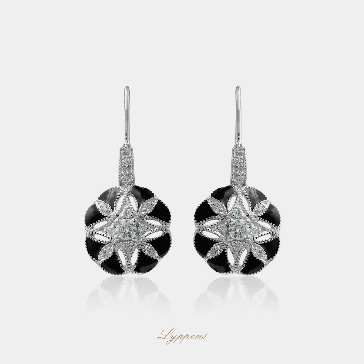 White gold earrings with black enamel and diamonds