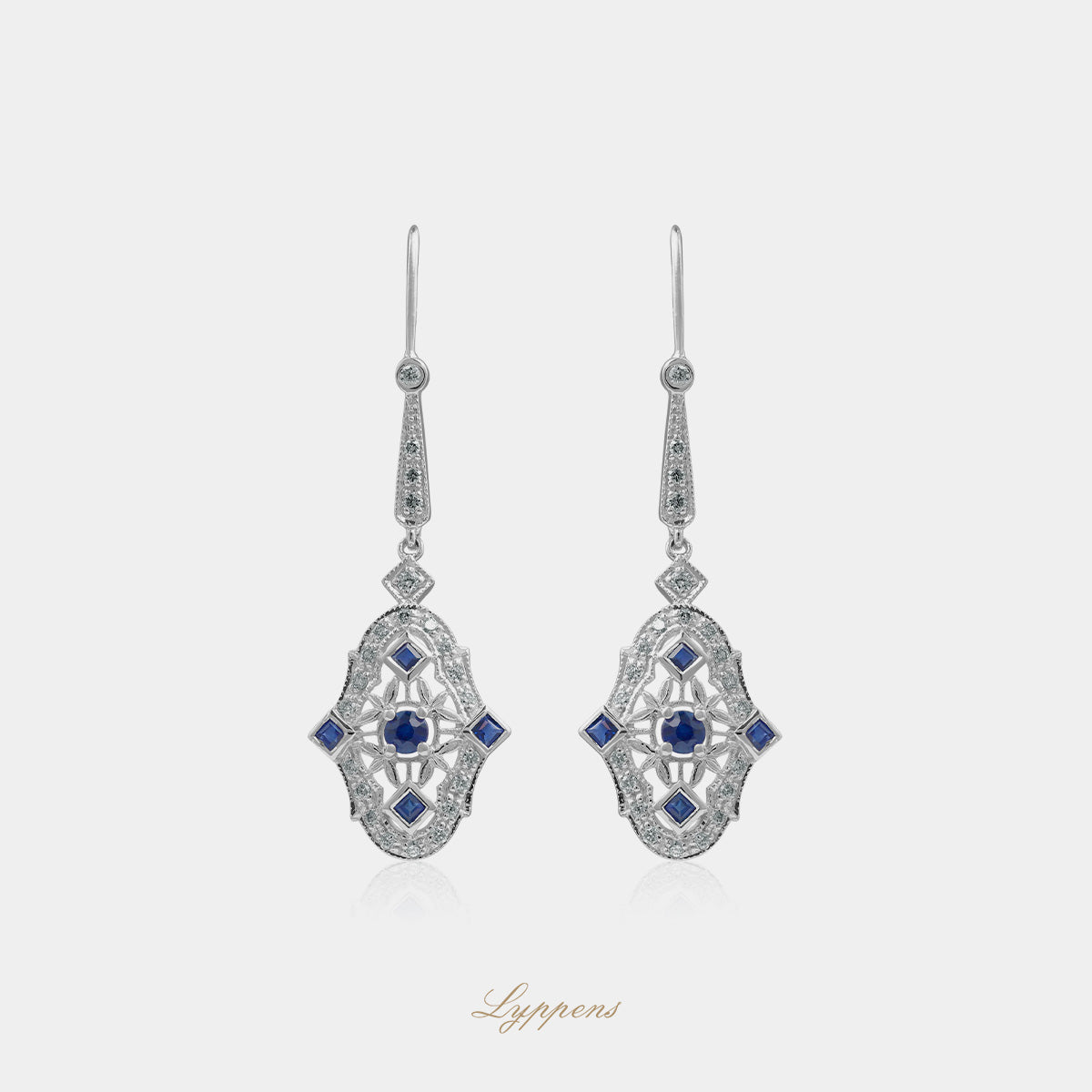 White gold drop earrings with sapphire and diamonds