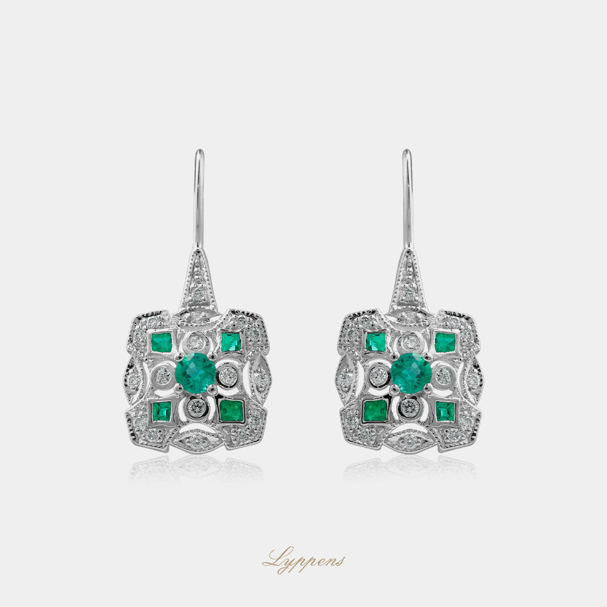 White gold drop earrings with emerald and diamonds