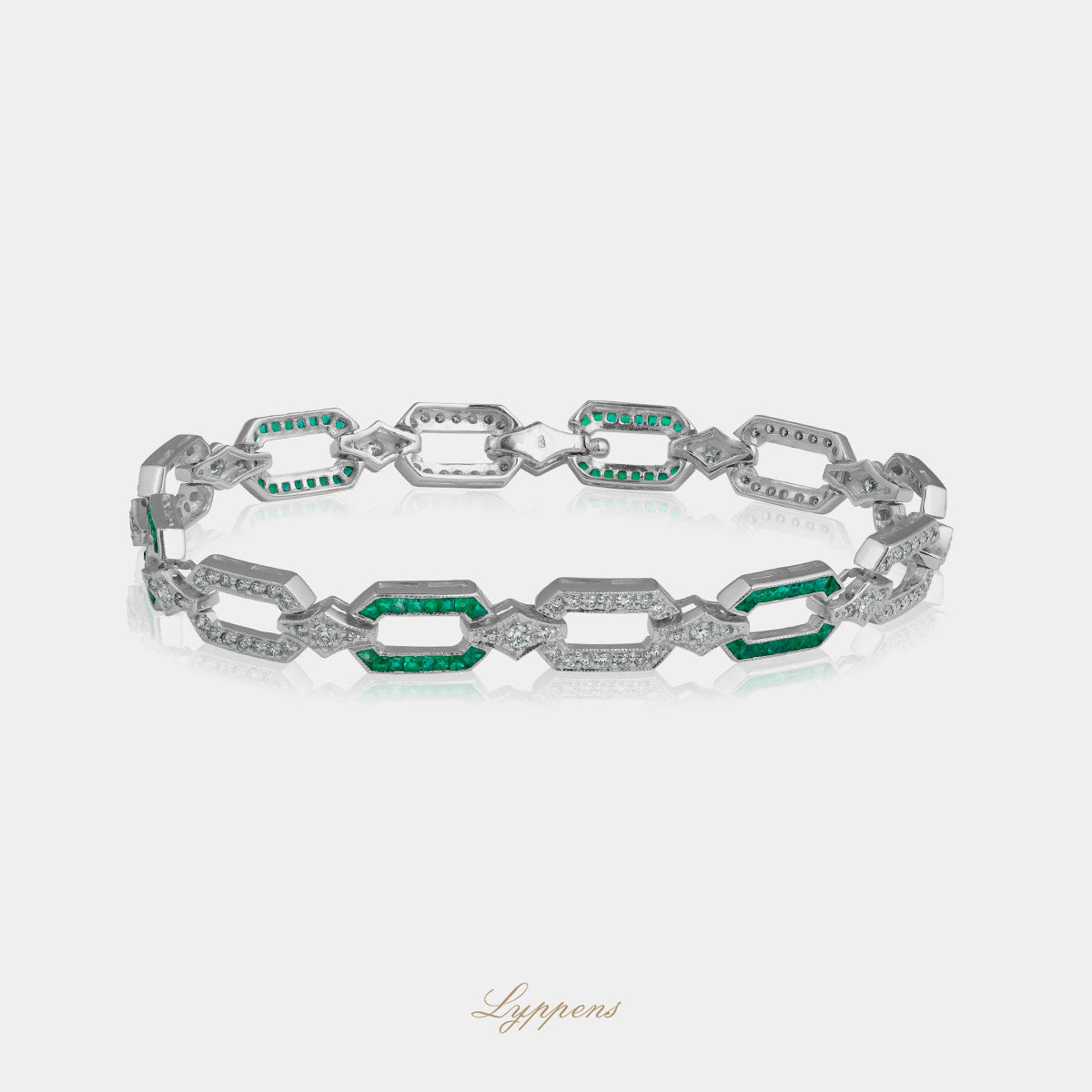 Witgouden Art Deco vintage stijl armband gezet met smaragd en diamant.