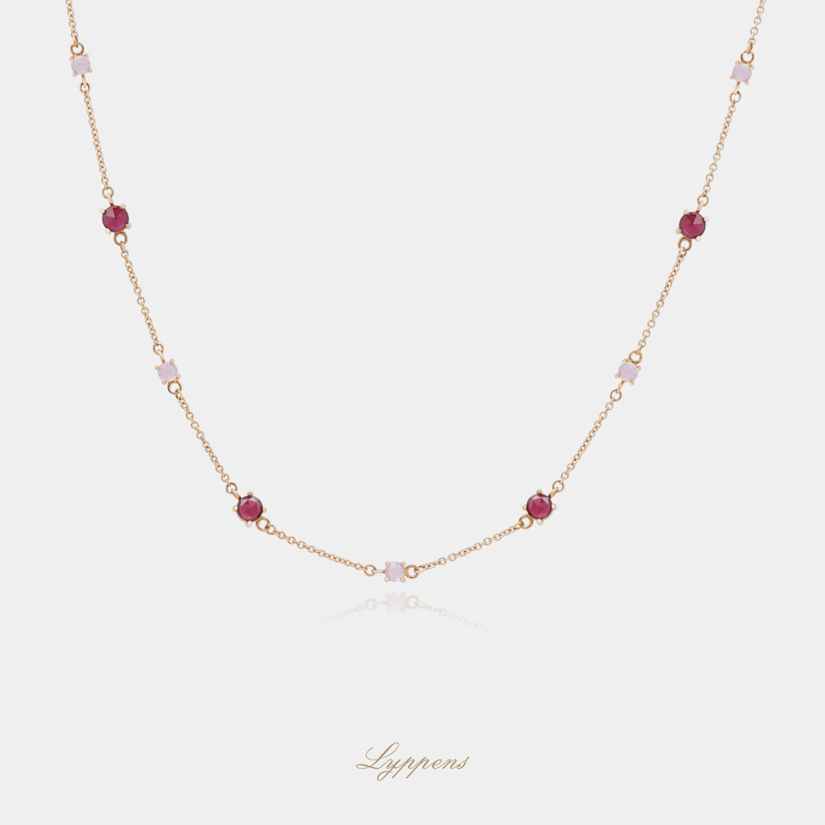 Rose gold necklace with rhodolite and pink sapphire