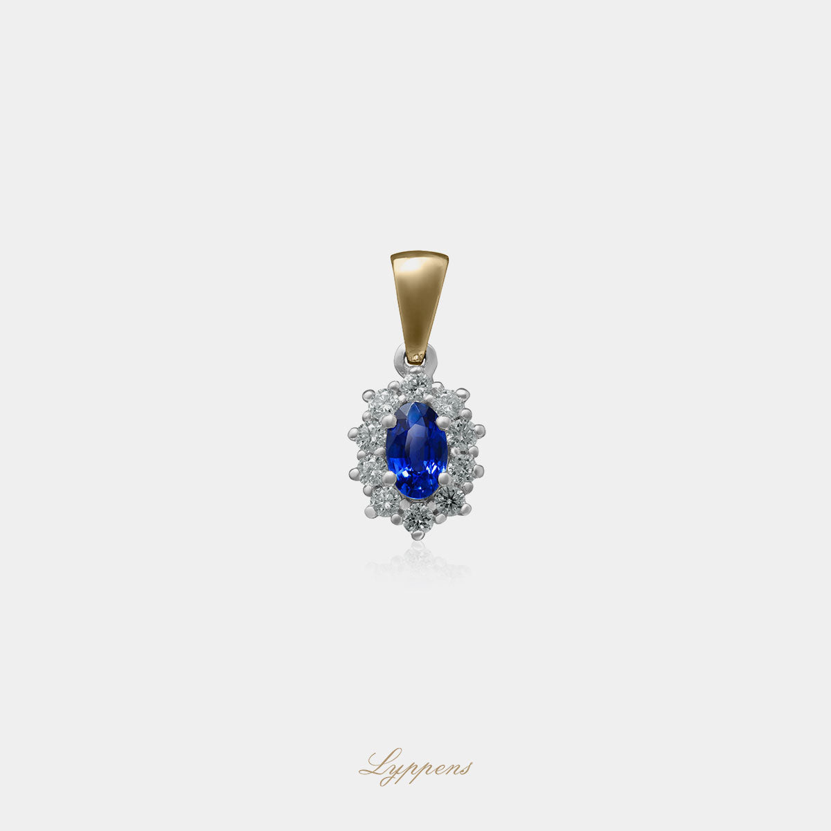 Yellow gold halo pendant with sapphire and diamonds