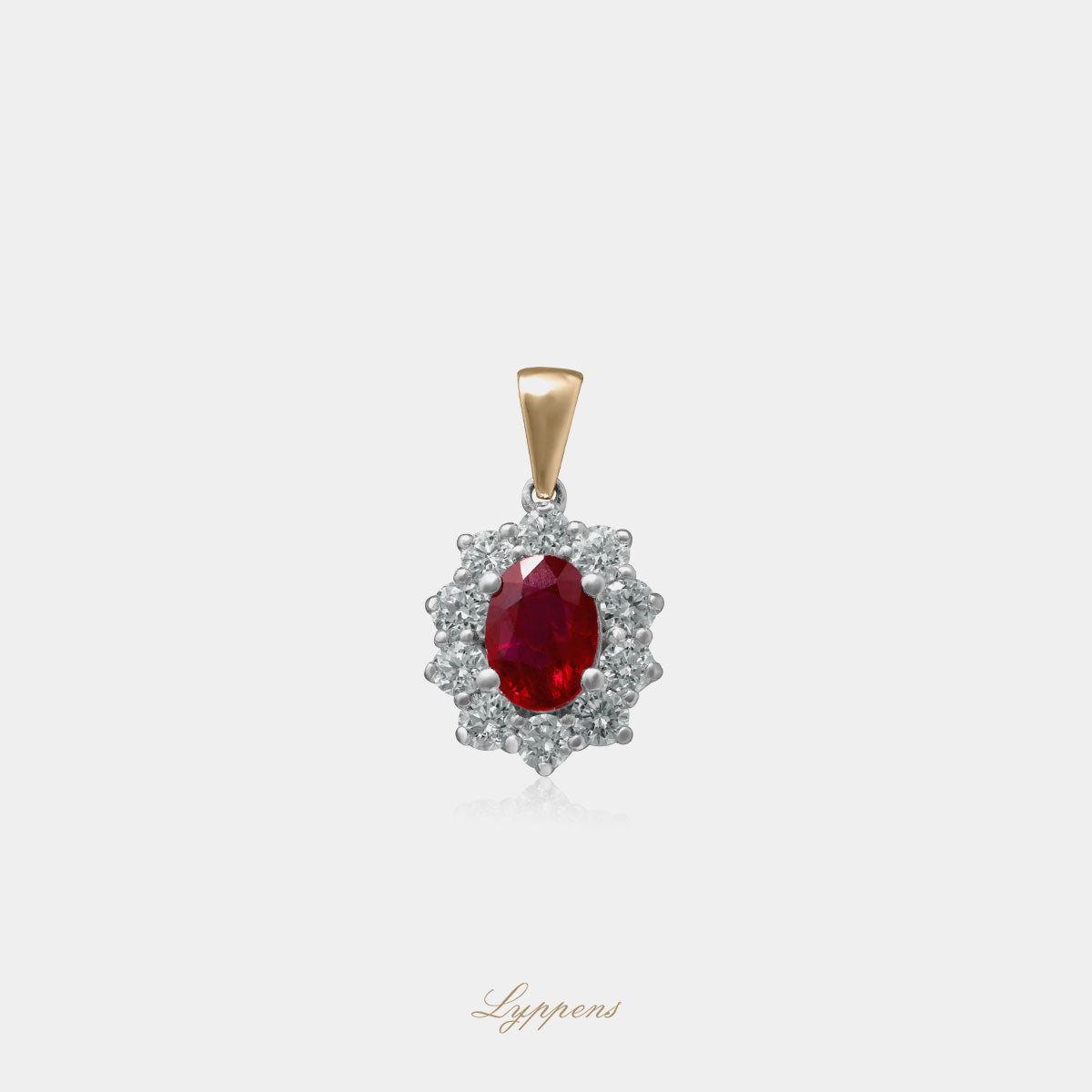 Yellow gold halo pendant with ruby and diamonds