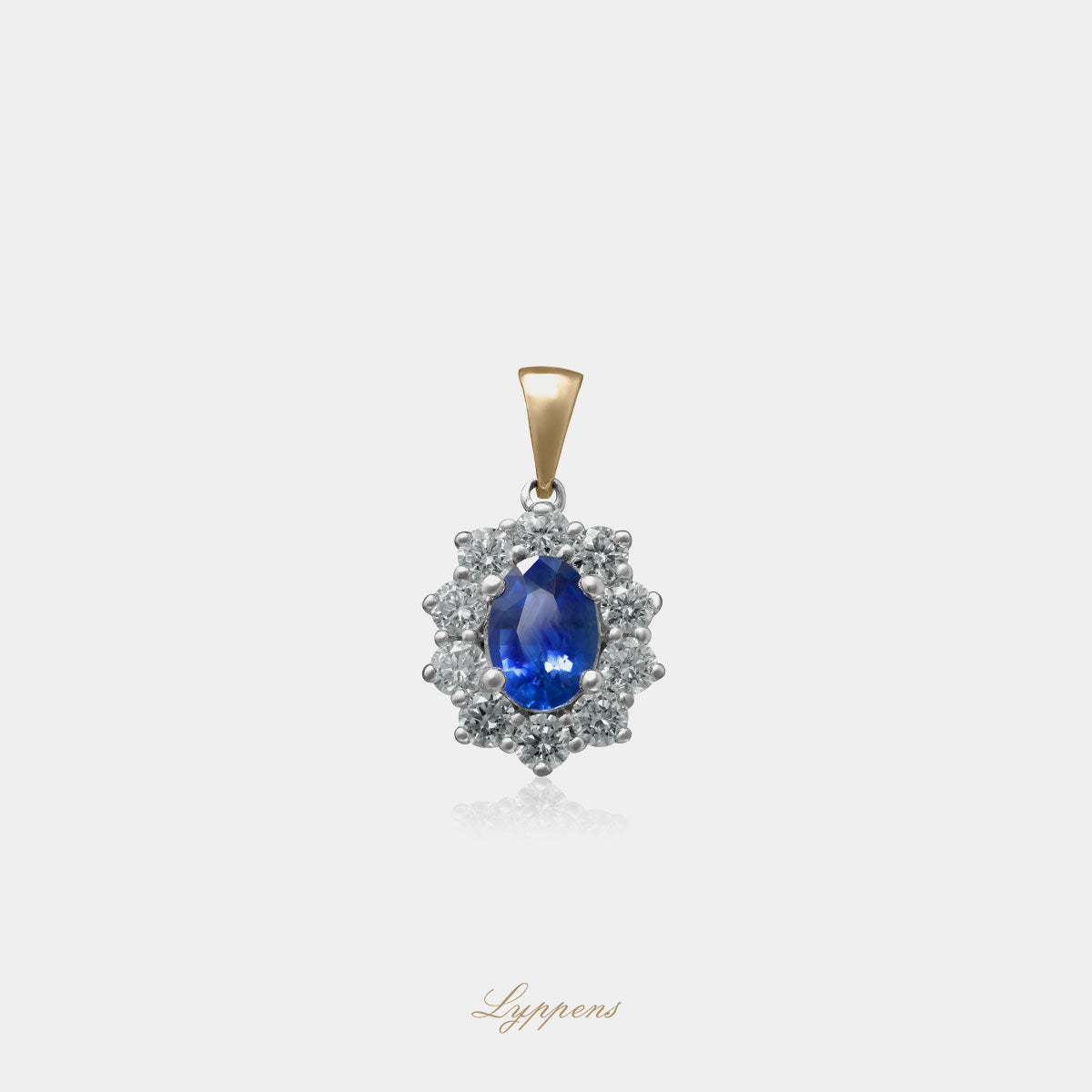 Yellow gold halo pendant with sapphire and diamonds