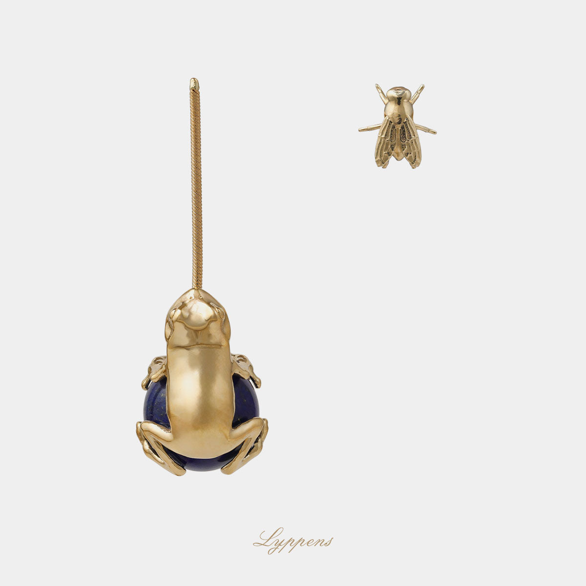 Yellow gold frog and fly ear studs with lapis lazuli