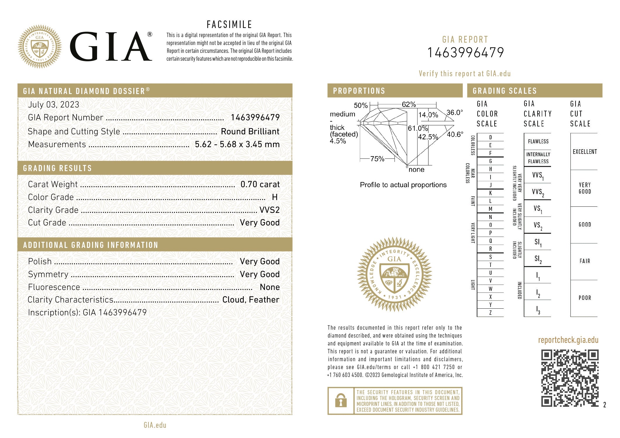 GIA certificaat van een briljant geslepen diamant met een totaalgewicht van 0.70ct.