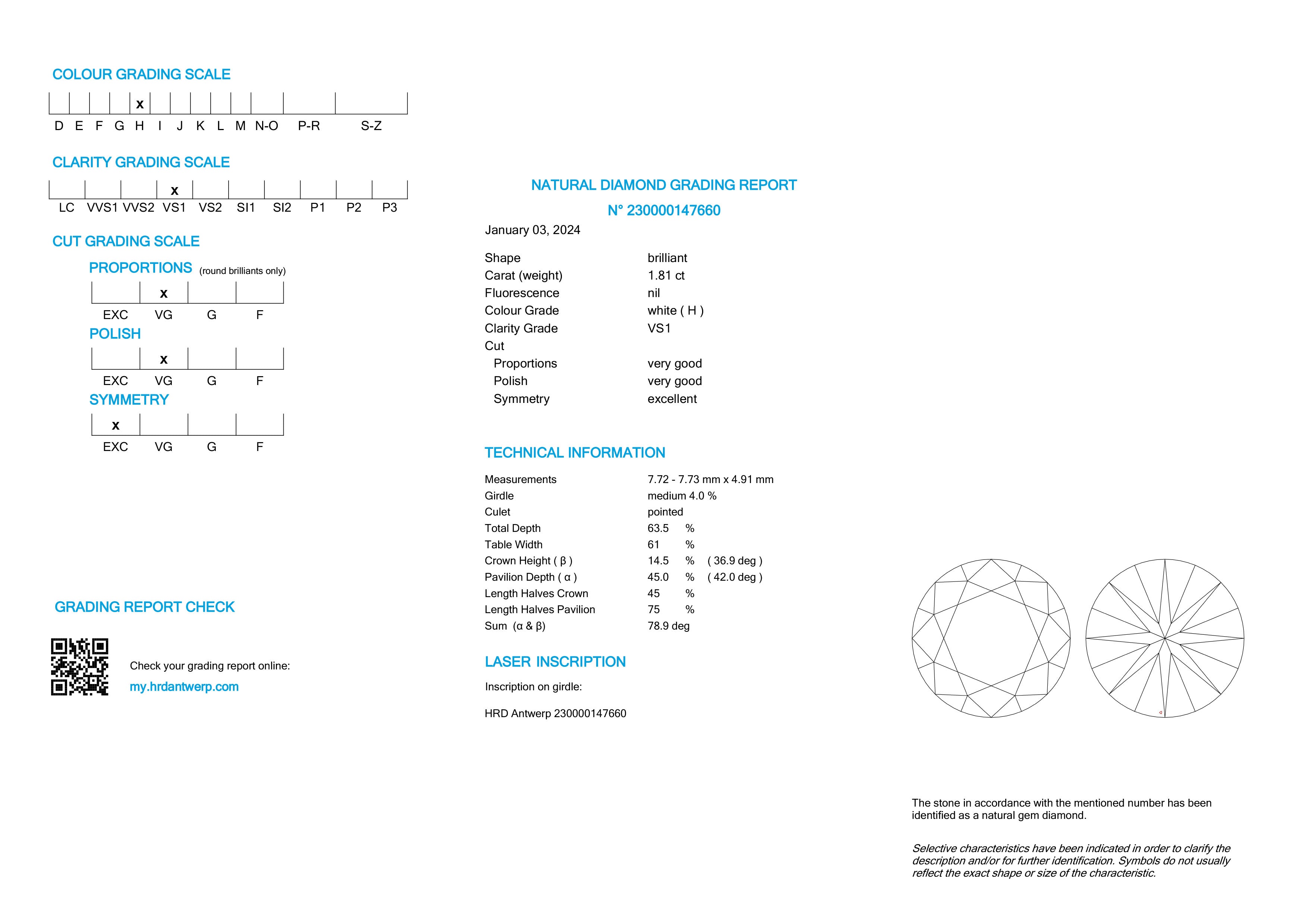 HRD certificaat van een briljant geslepen diamant met een totaalgewicht van 1.81ct.