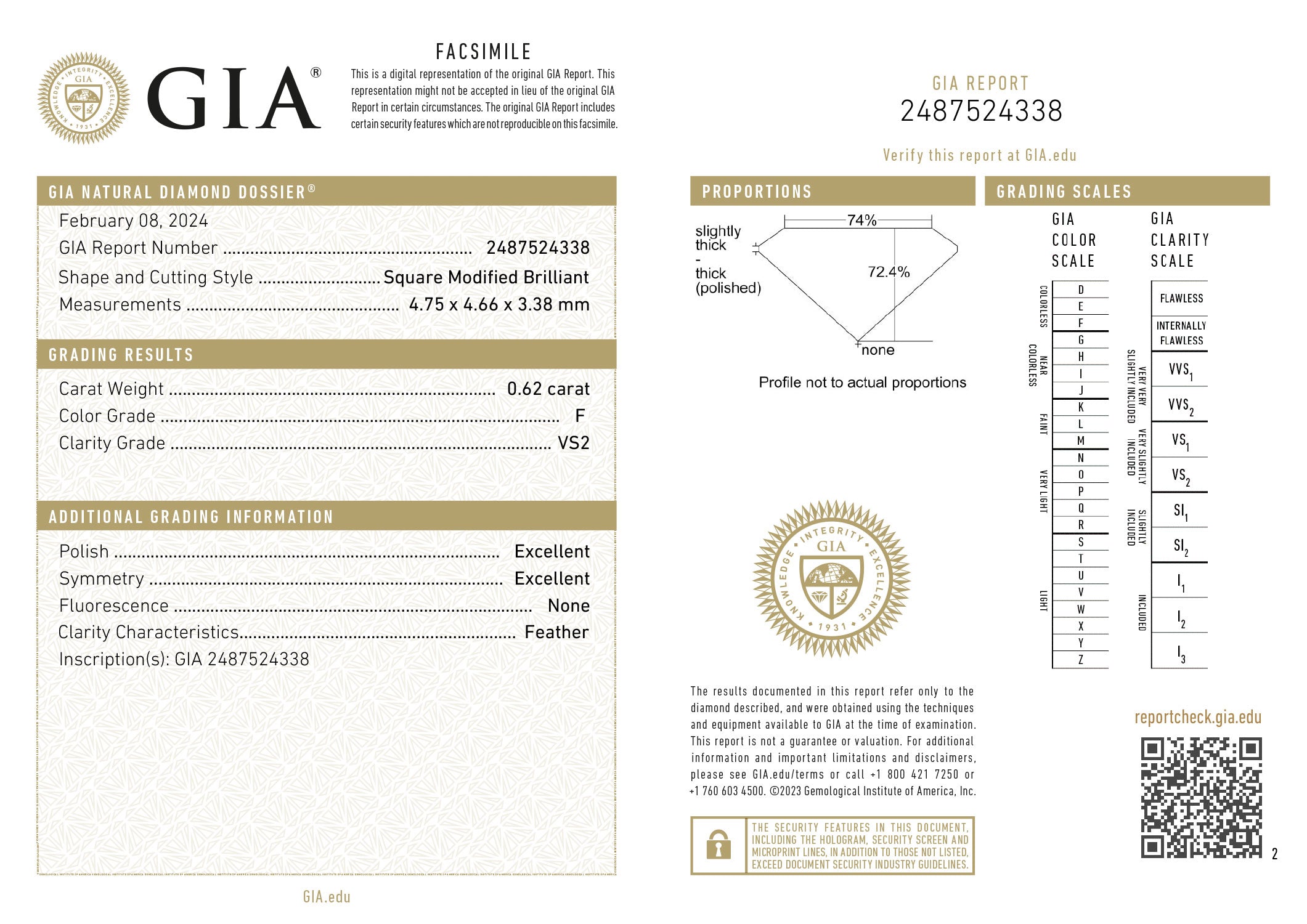 GIA certificaat van een princess geslepen diamant met een totaalgewicht van 0.62ct.