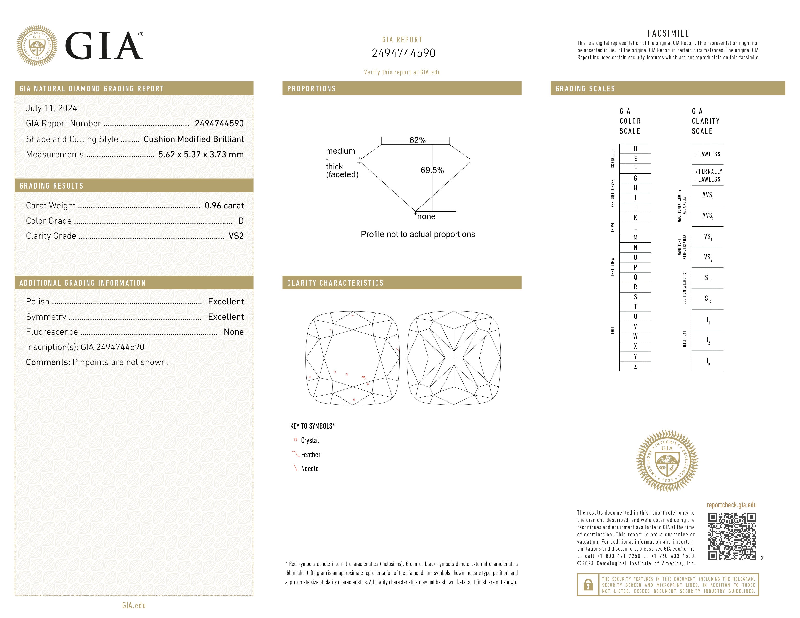 GIA certificaat van een kussen geslepen diamant met een totaalgewicht van 0.96ct.