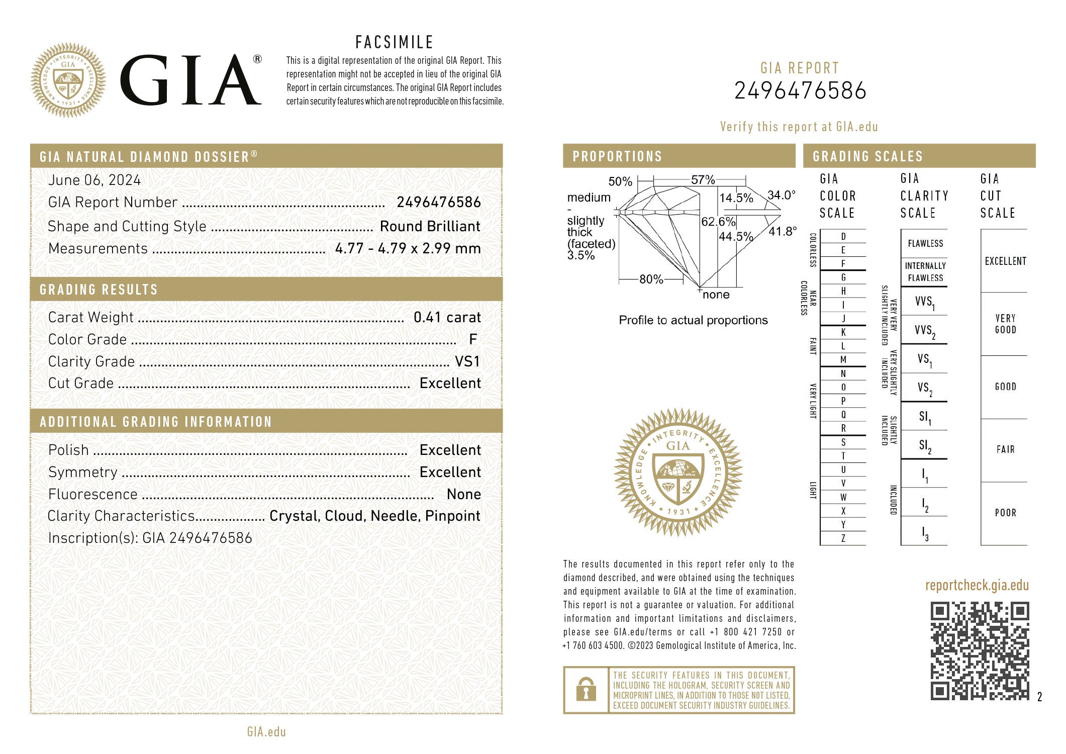 GIA certificaat van een briljant geslepen diamant met een totaalgewicht van 0.41ct.