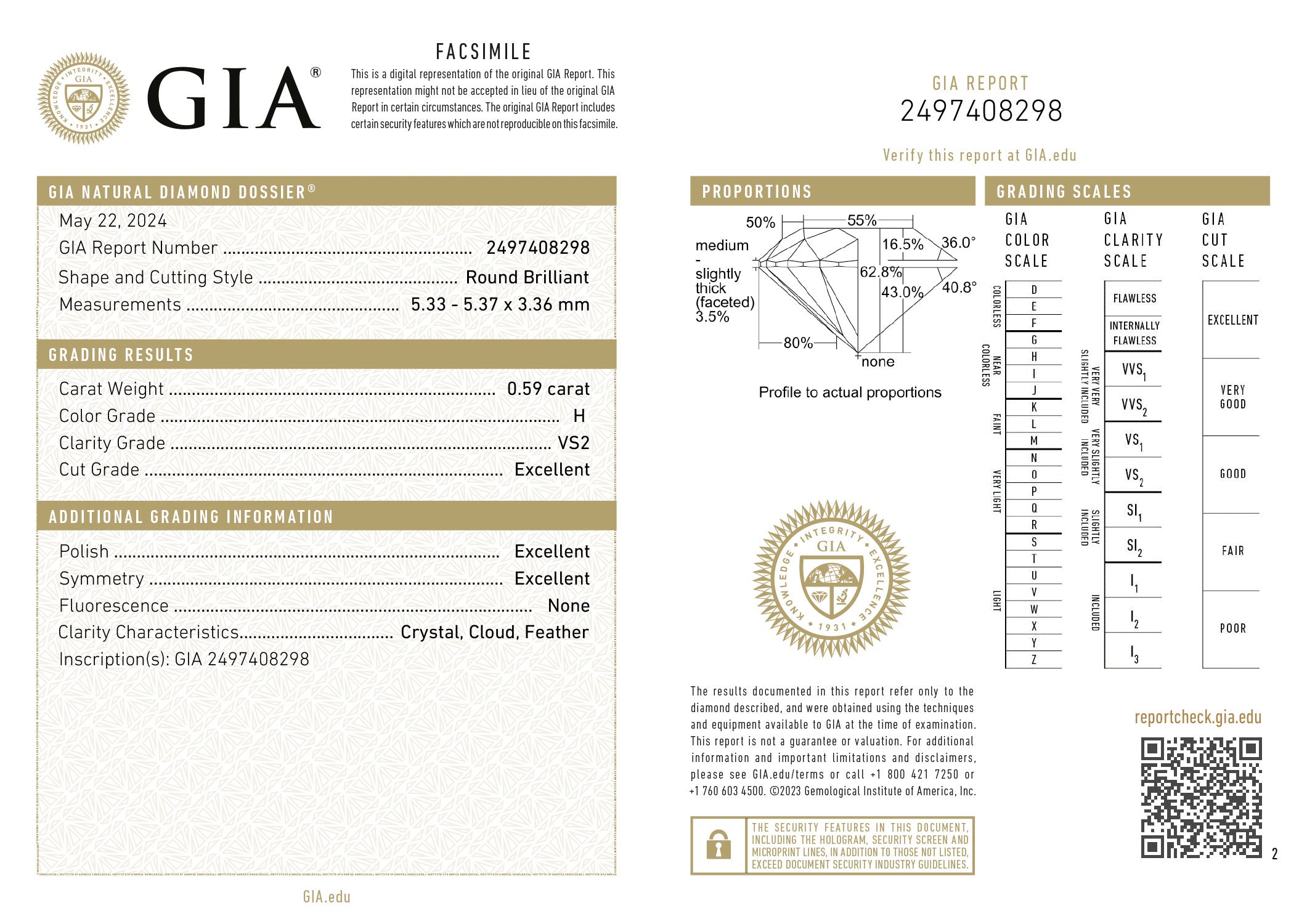 GIA certificaat van een briljant geslepen diamant met een totaalgewicht van 0.59ct.