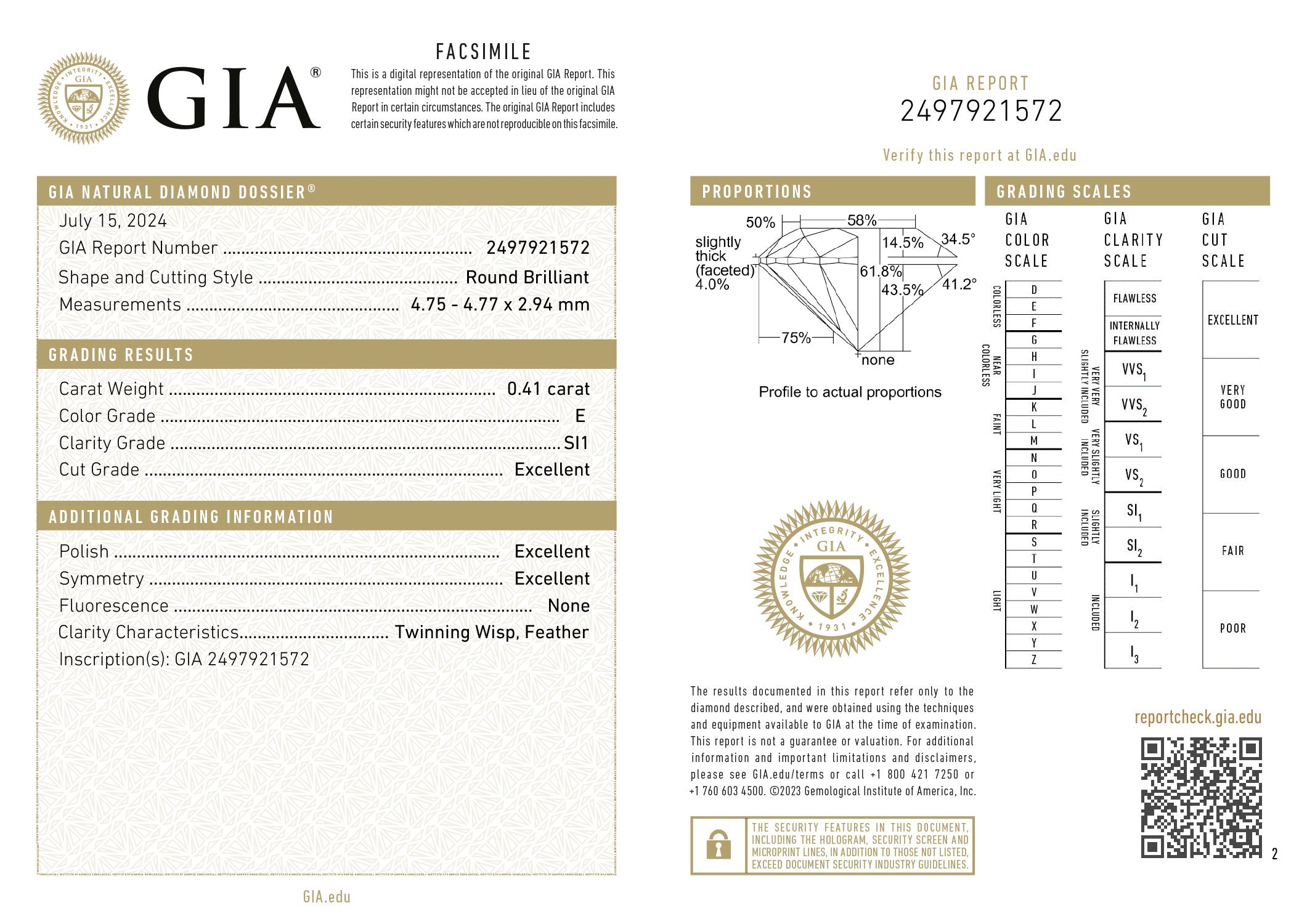 GIA certificaat van een briljant geslepen diamant met een totaalgewicht van 0.41ct.