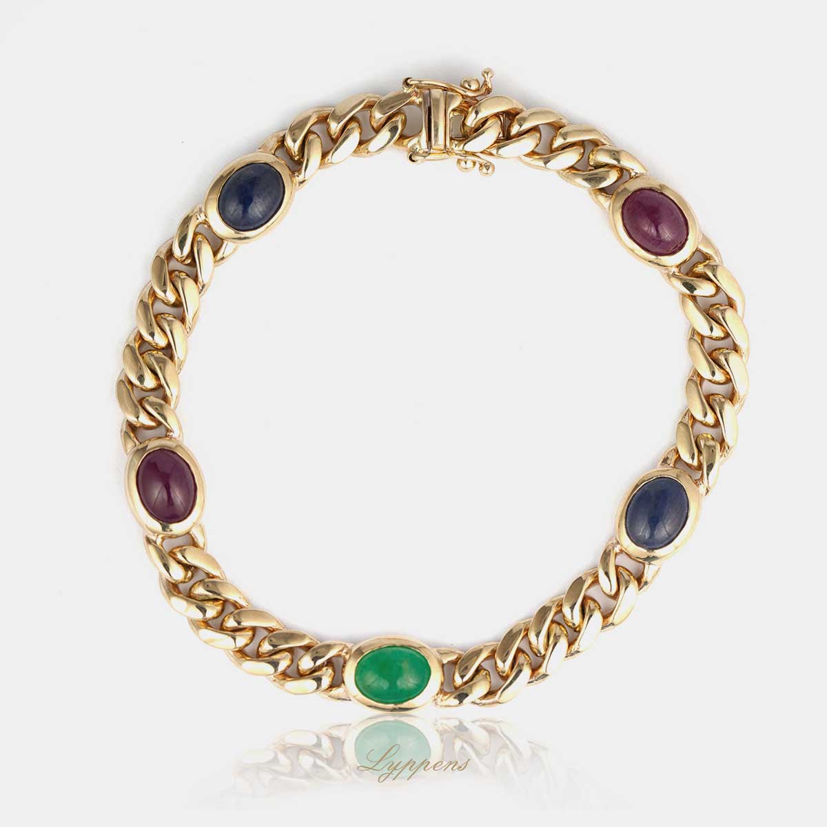 Geelgouden schakel armband met saffier, robijn en smaragd