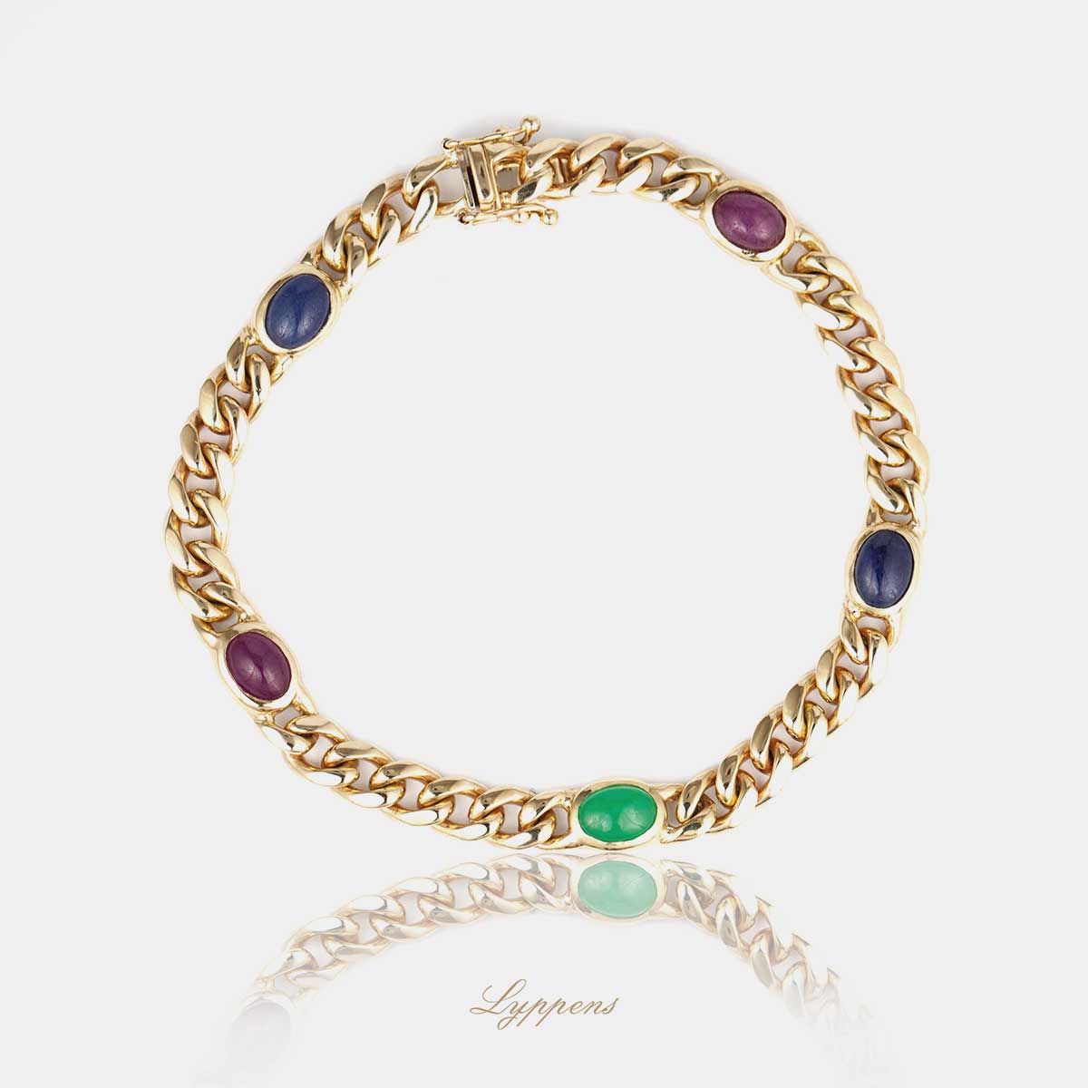 Yellow gold link bracelet with sapphire, ruby and emerald