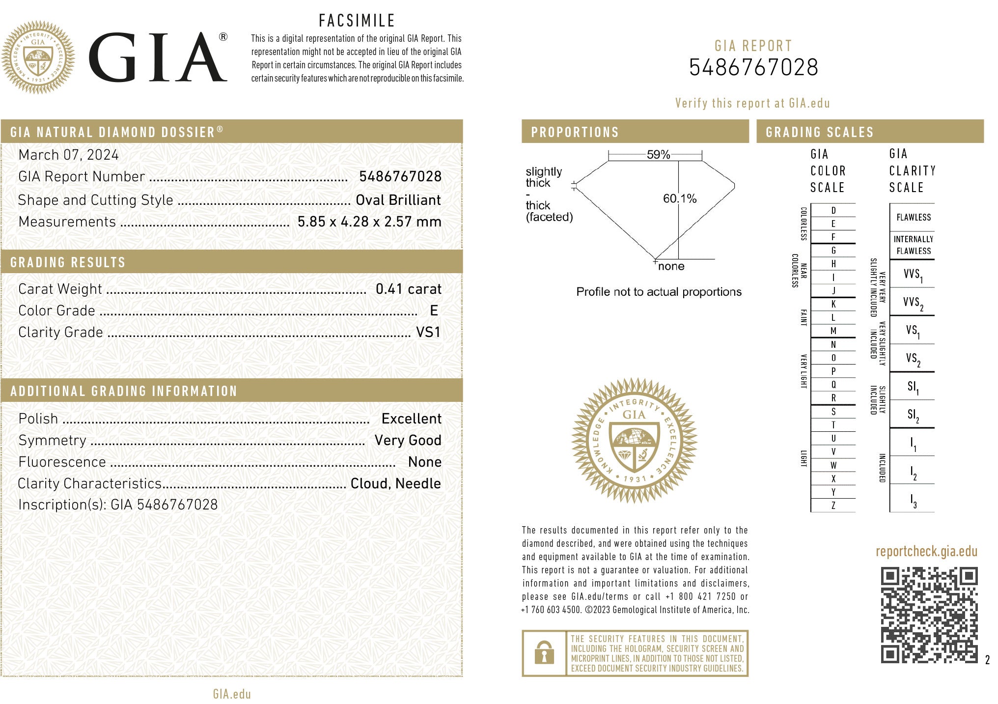 GIA certificaat van een ovaal geslepen diamant met een totaalgewicht van 0.41ct.