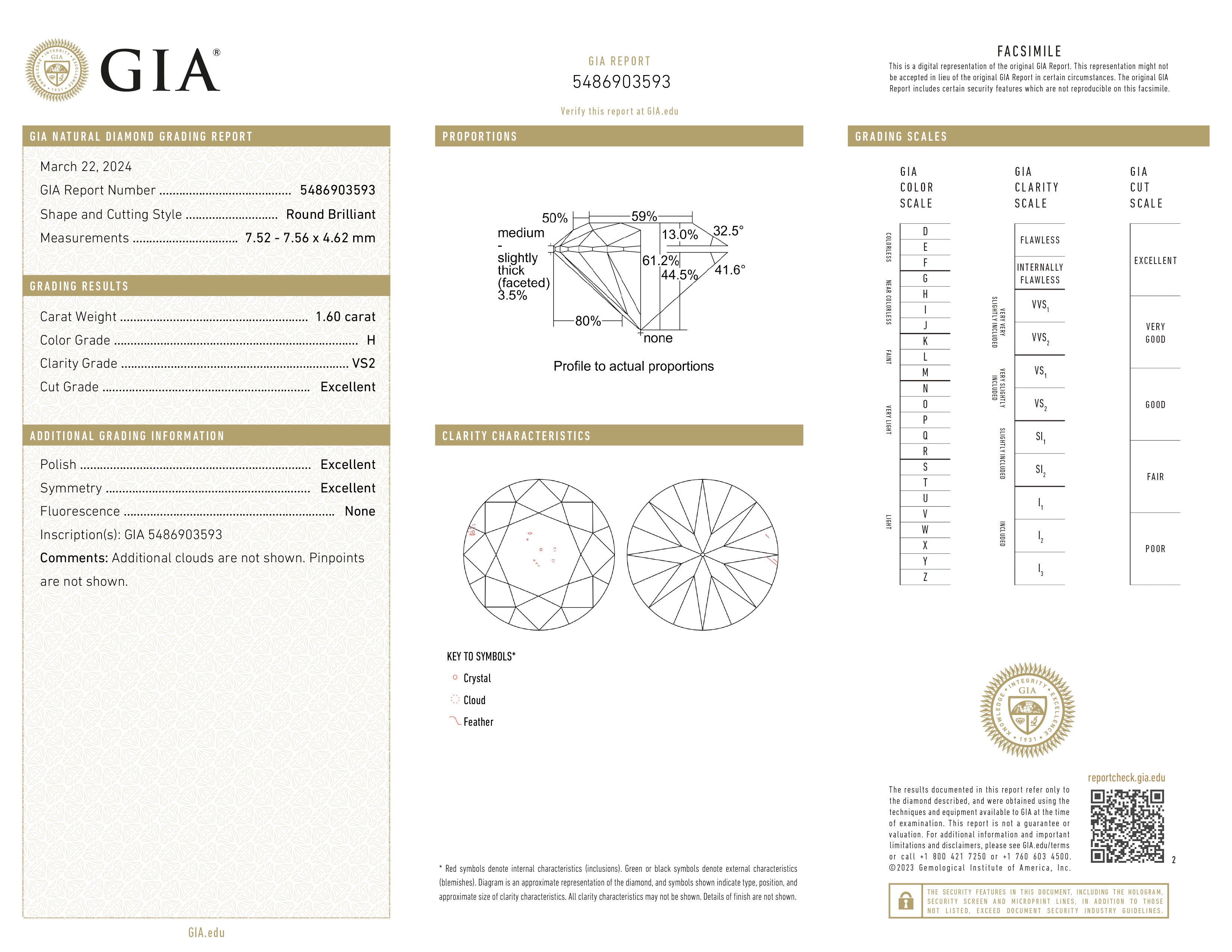 GIA certificaat van een briljant geslepen diamant met een totaalgewicht van 1.60ct.