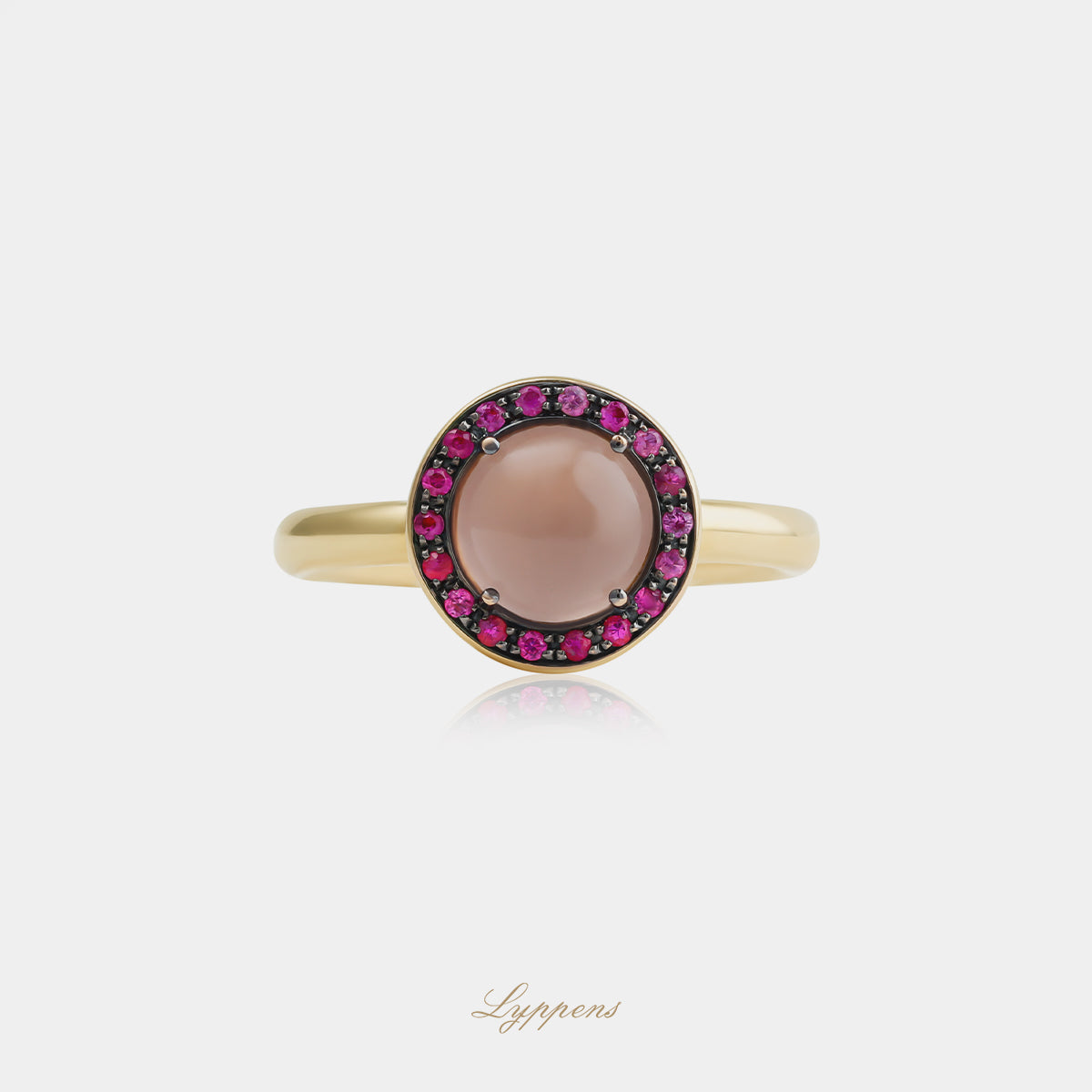 18kt roségouden entourage ring met rozenkwarts en roze saffier halo
