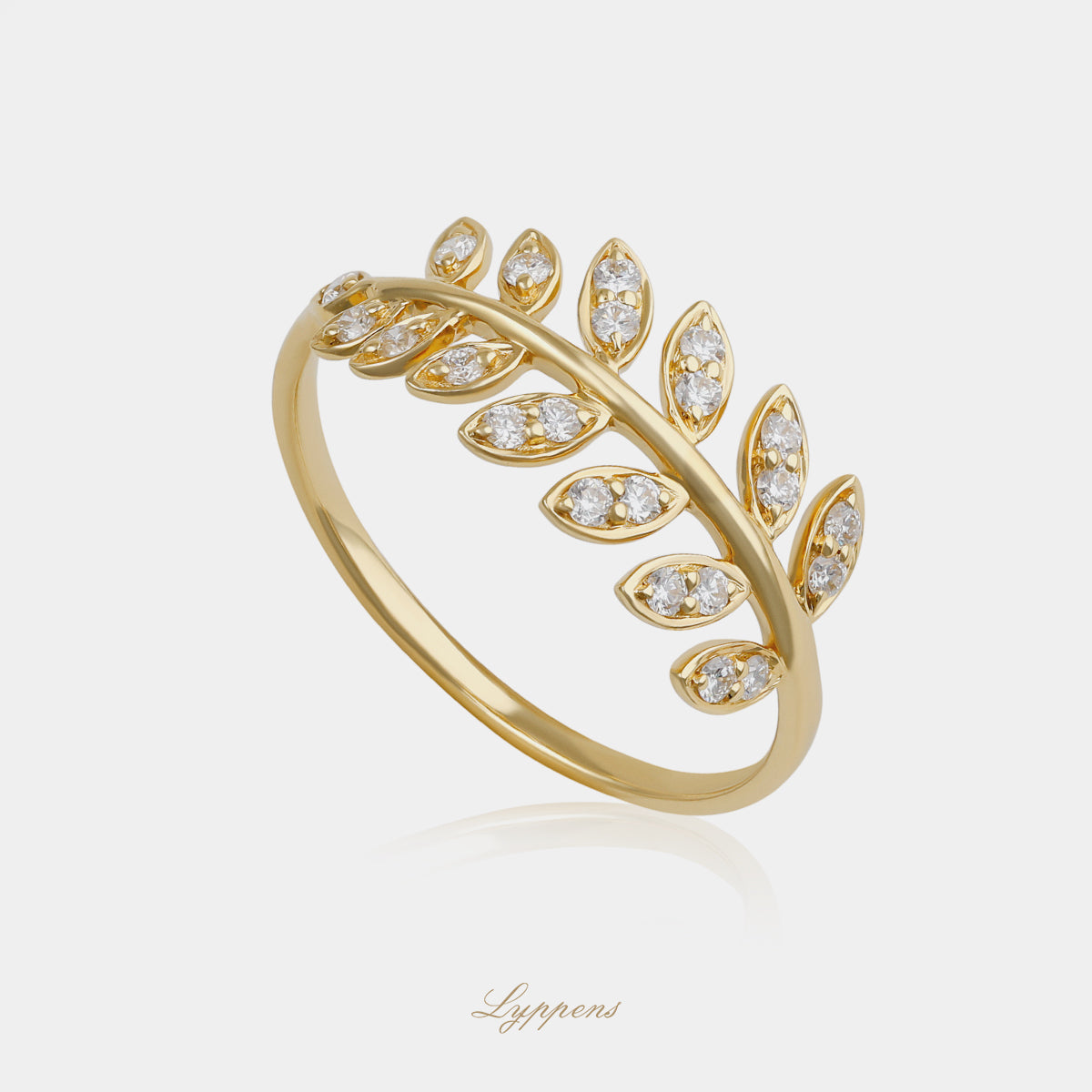 18kt geelgouden blad ring bezet met briljant geslepen diamant