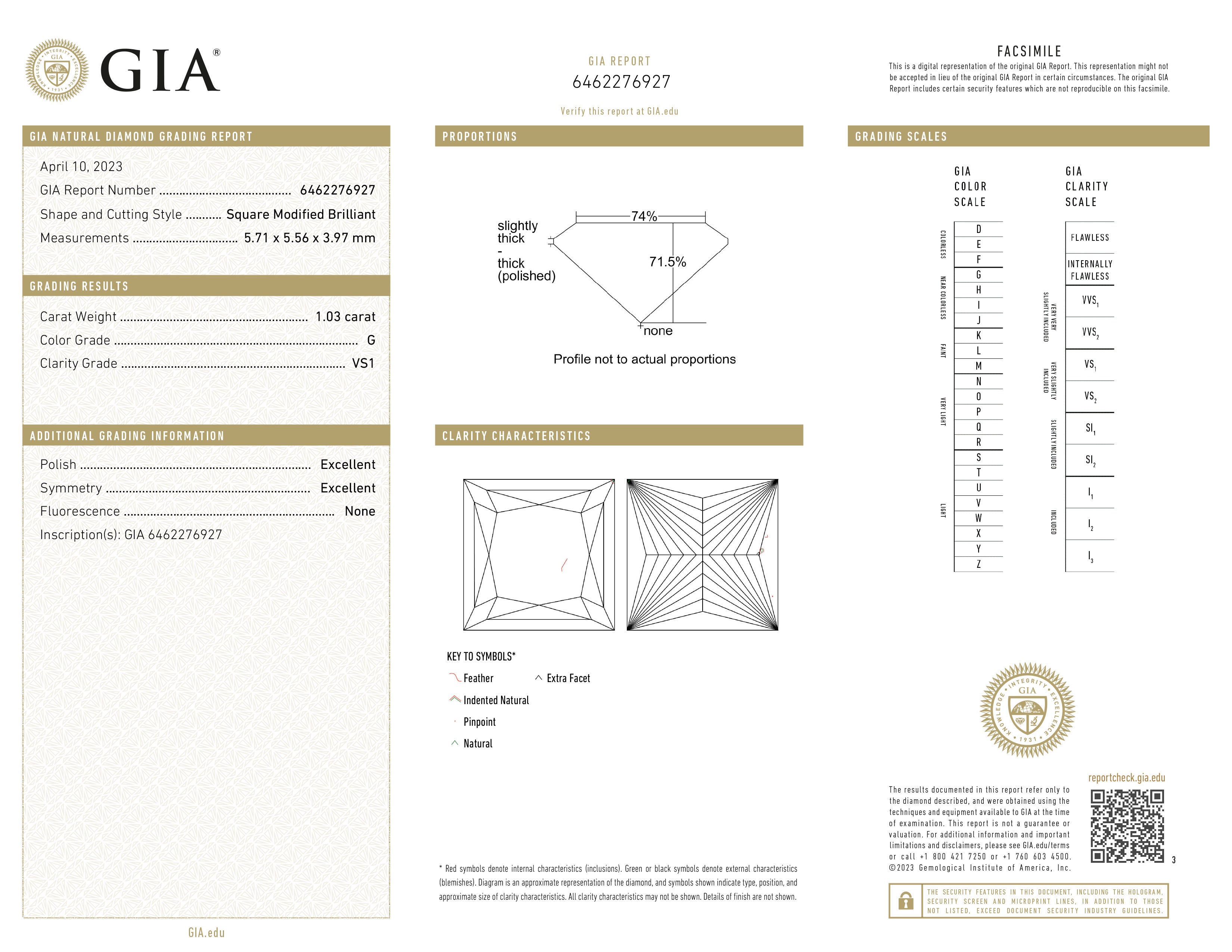 GIA certificaat van een princess geslepen diamant met een totaalgewicht van 1.03ct.