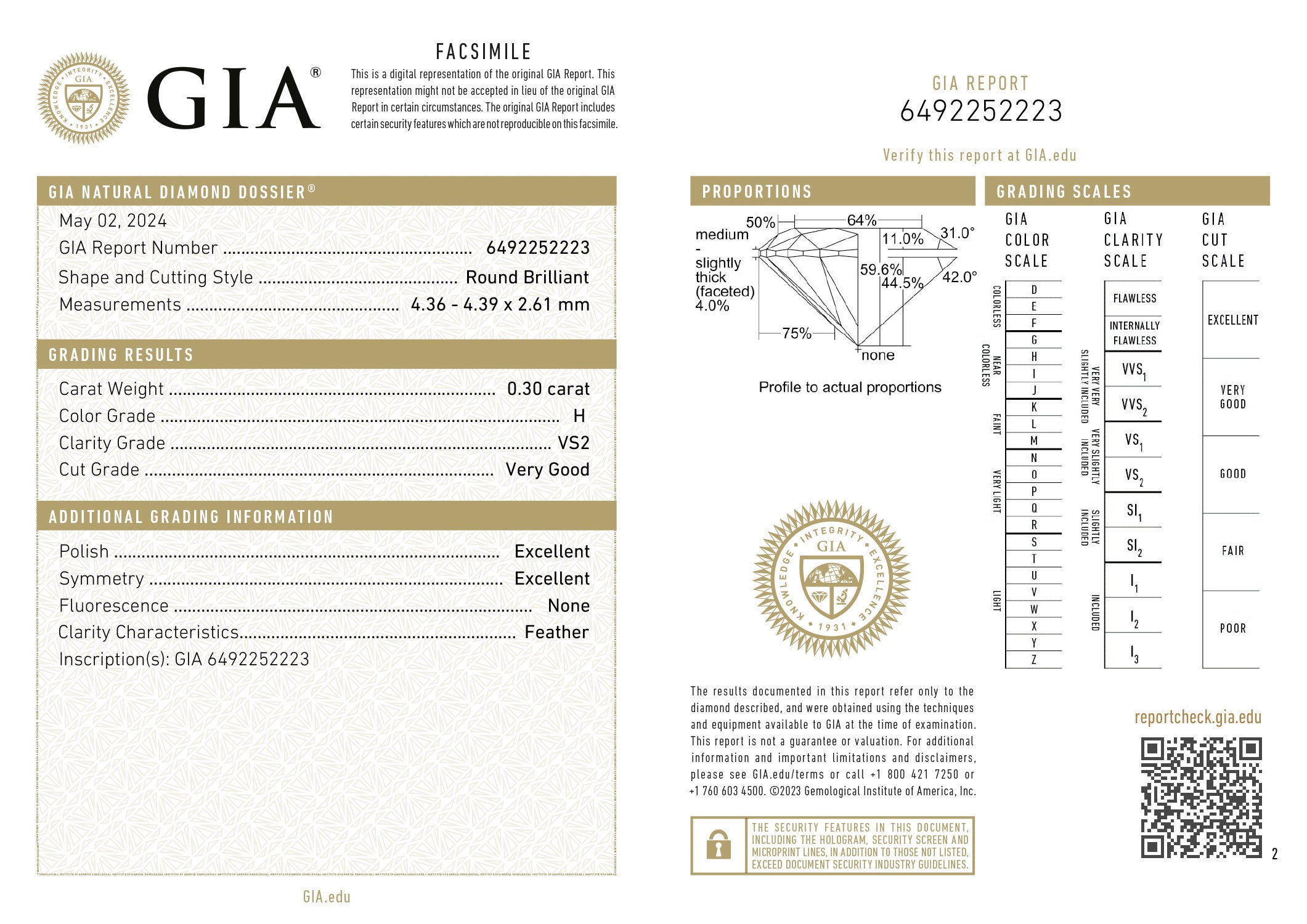 GIA certificaat van een briljant geslepen diamant met een totaalgewicht van 0.30ct.