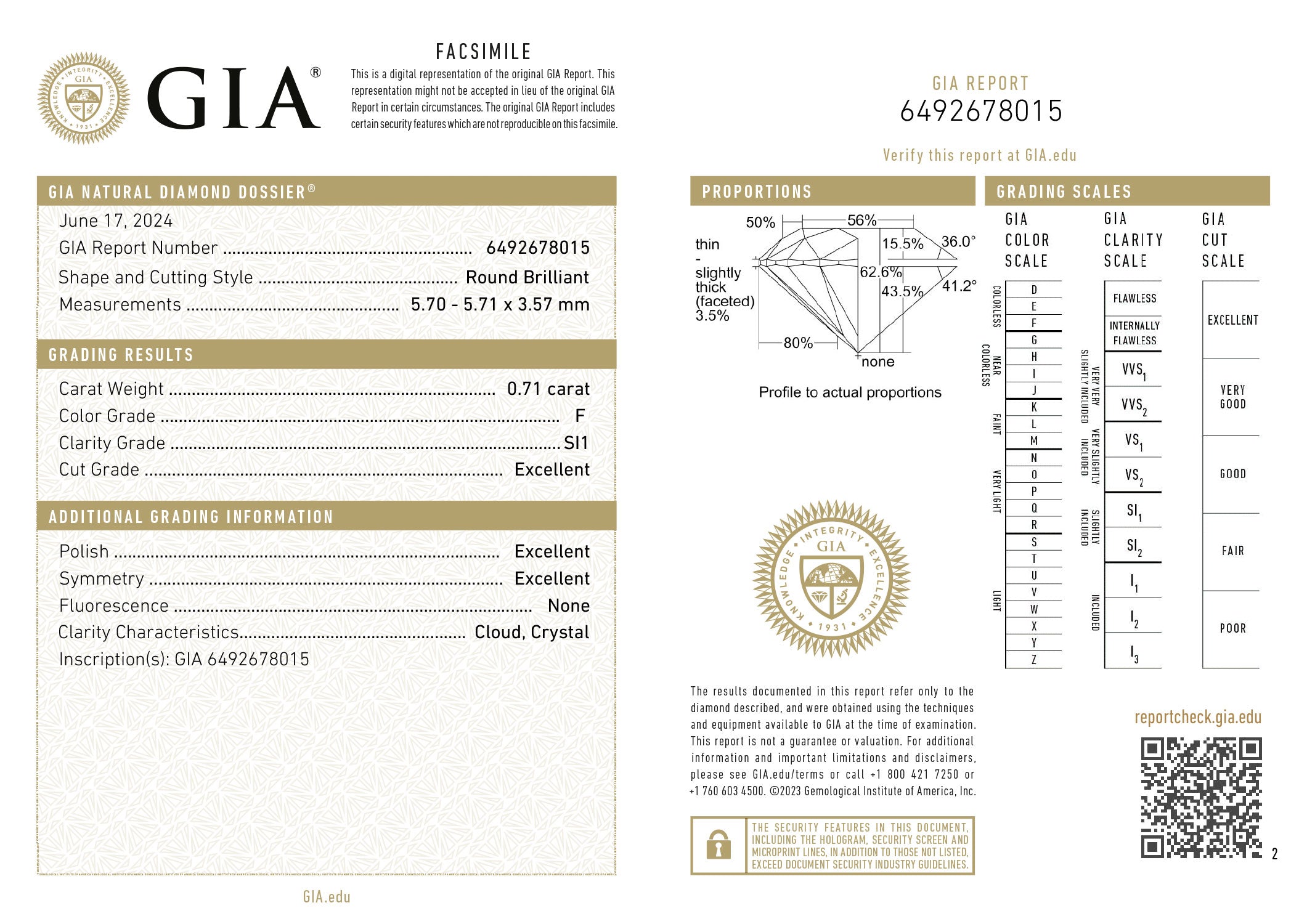 Brilliant cut diamond 0.71ct, F, SI1