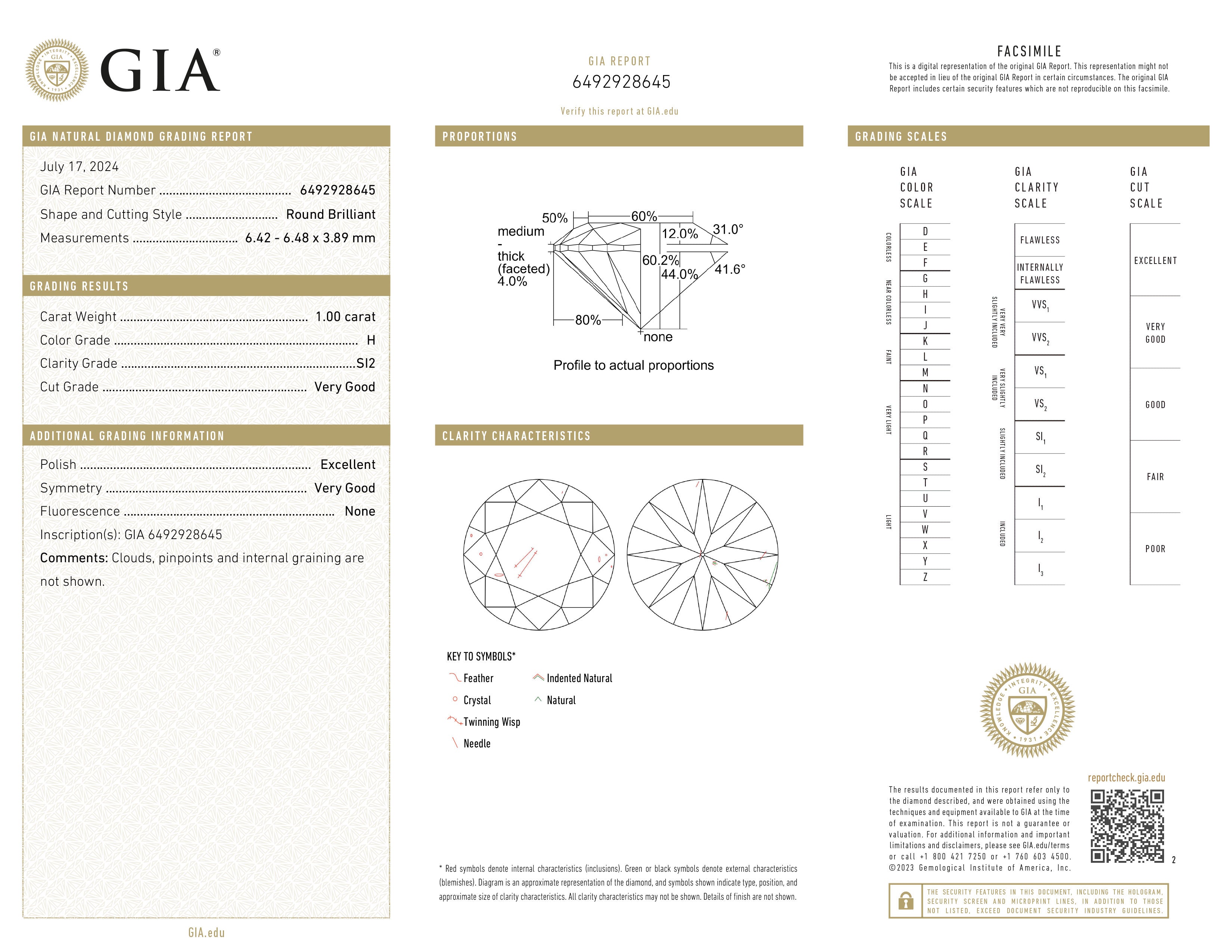 GIA certificaat van een briljant geslepen diamant met een totaalgewicht van 1.00ct.