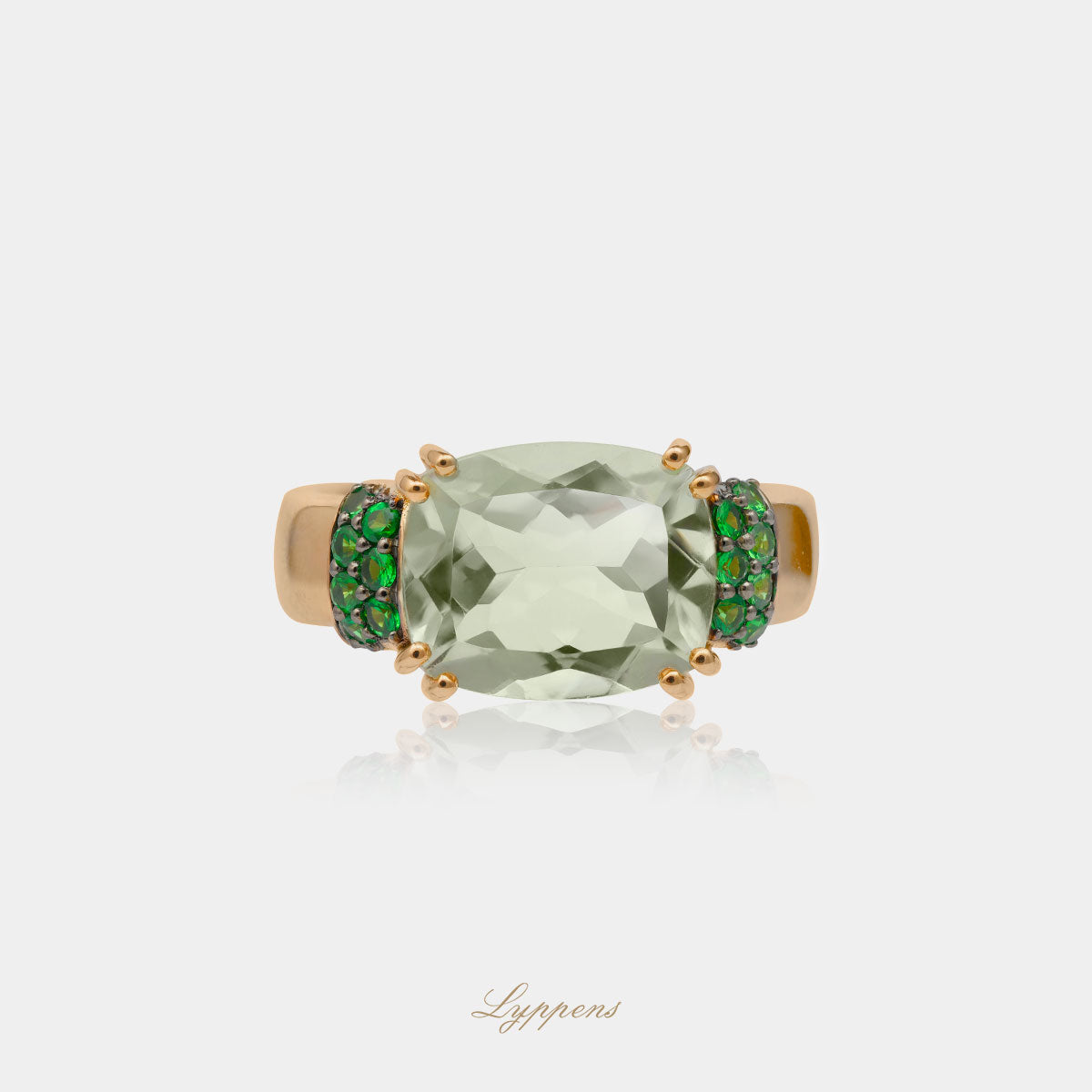 Rose gold ring with tsavorite and prasiolite