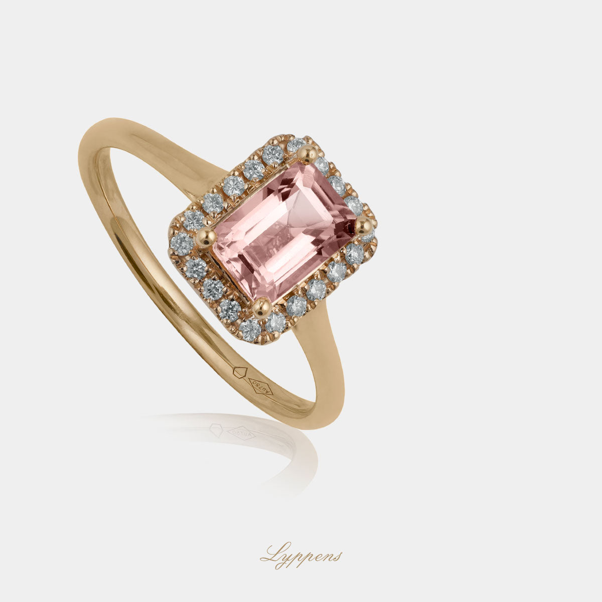 Rose gold halo ring with morganite and diamonds