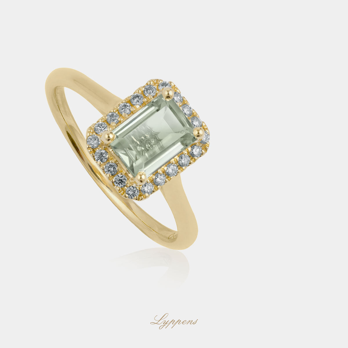 Geelgouden entourage ring met prasioliet en diamant