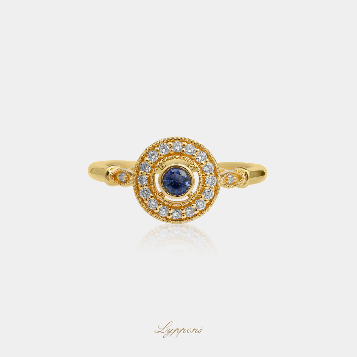 Geelgouden art deco stijl ring met saffier en diamant
