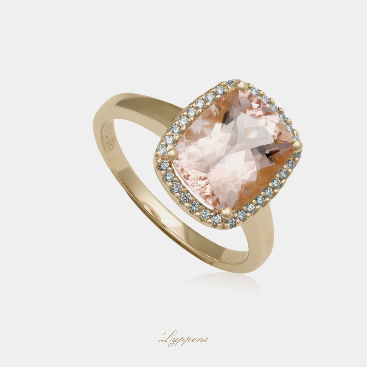 Yellow gold halo ring with morganite and diamonds