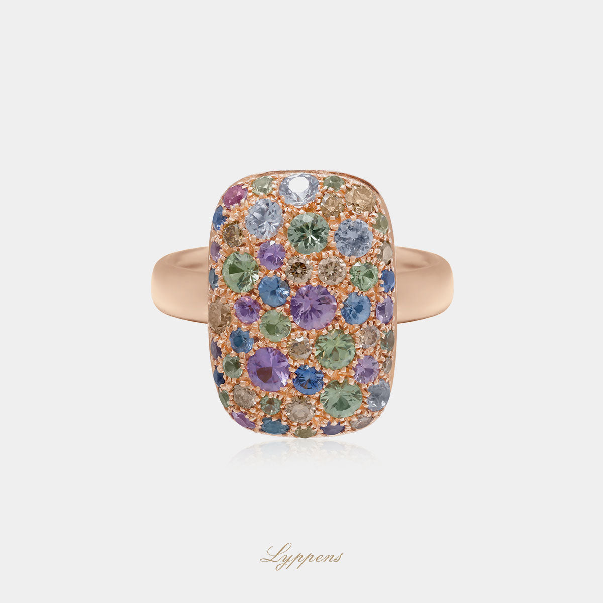 Rose gold ring with sapphires and brown diamonds