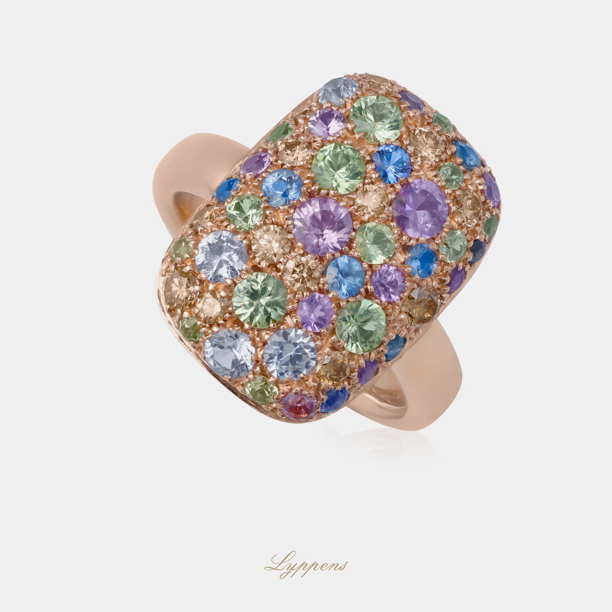 Rose gold ring with sapphires and brown diamonds