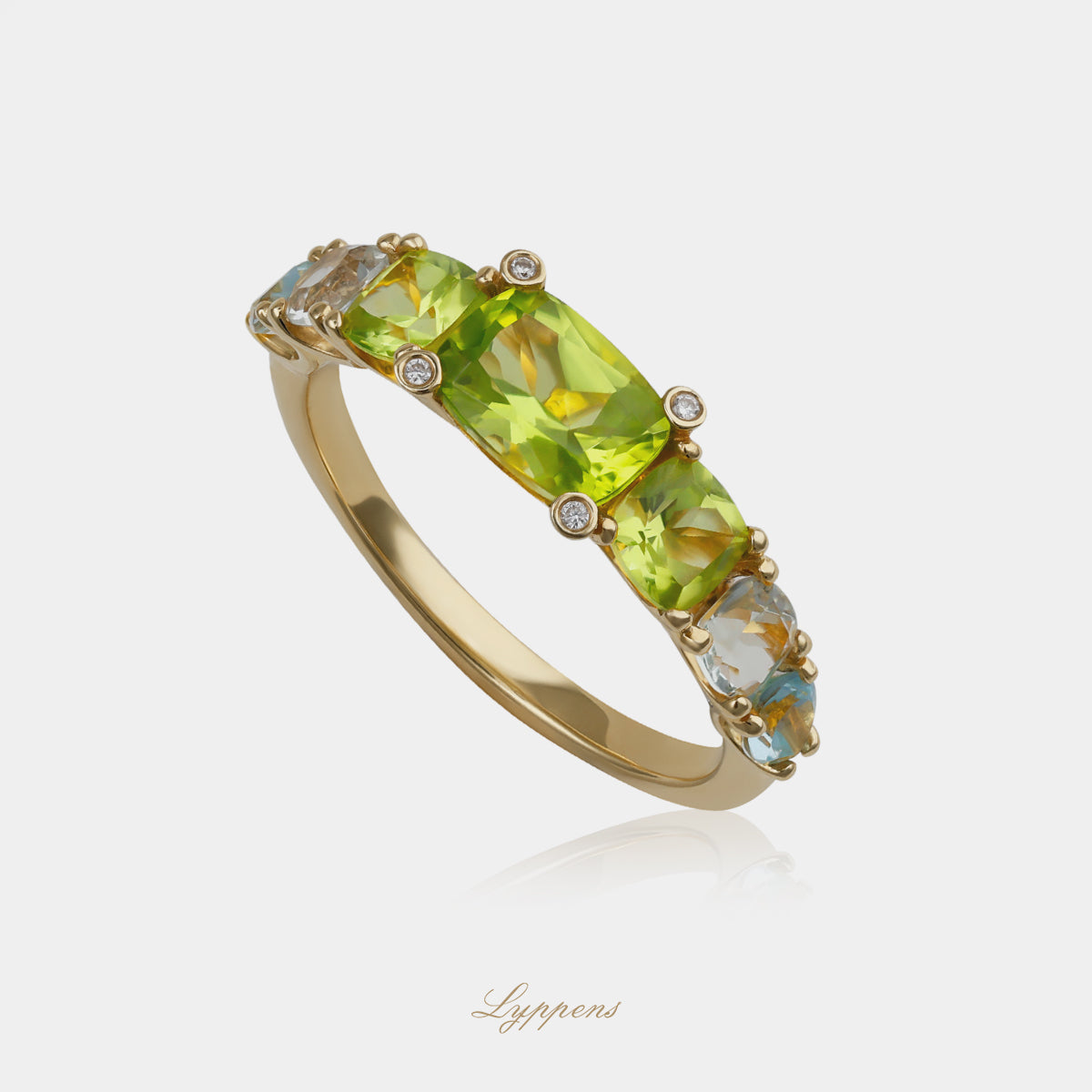 18 karaat geelgouden ring met peridoot, prasioliet, topaas en briljant diamant