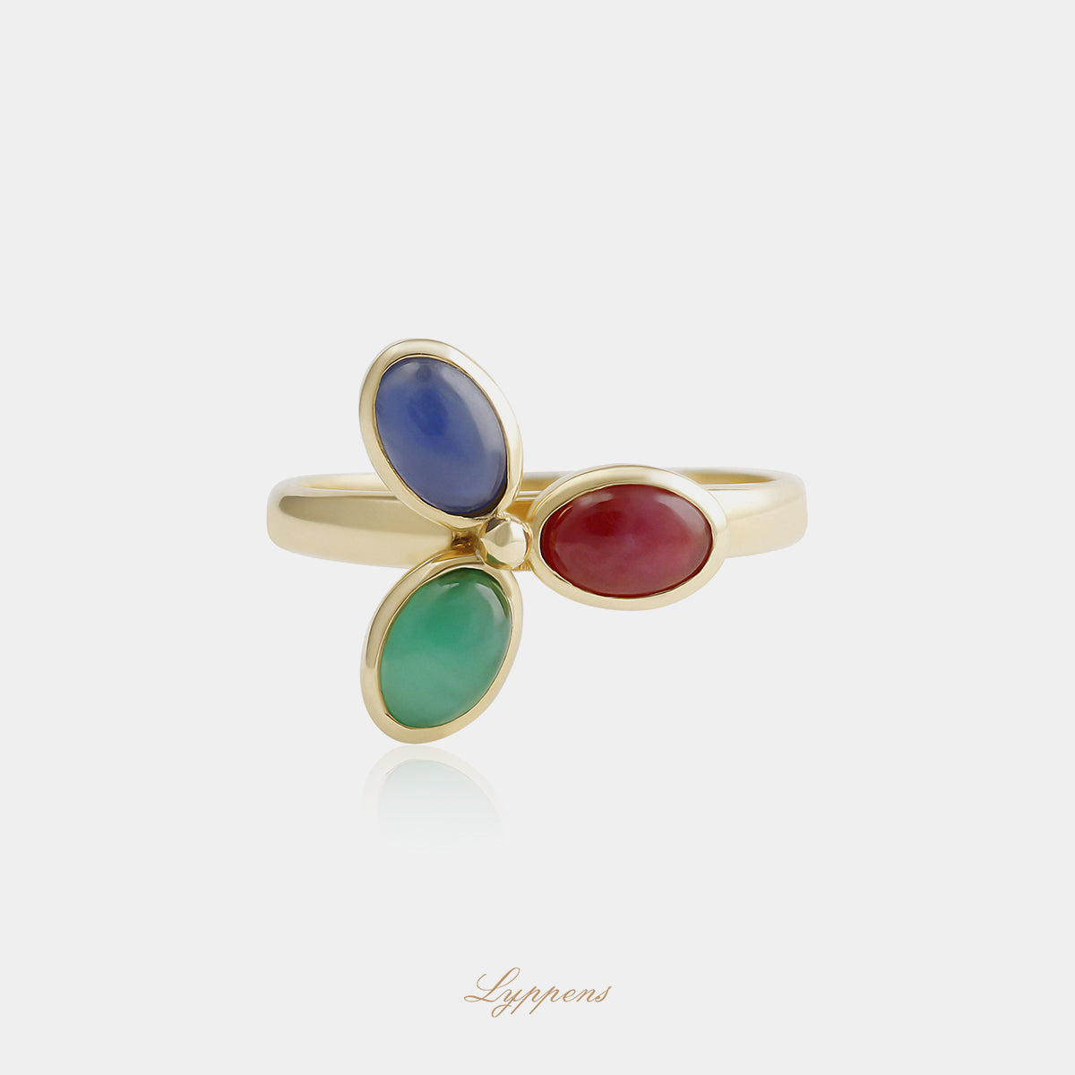 Yellow gold ring with ruby, sapphire and emerald