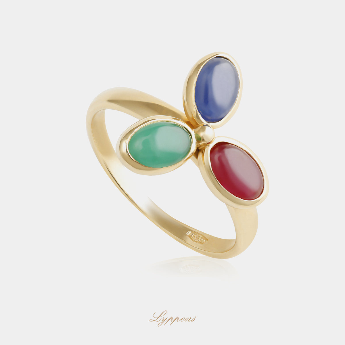 Yellow gold ring with ruby, sapphire and emerald