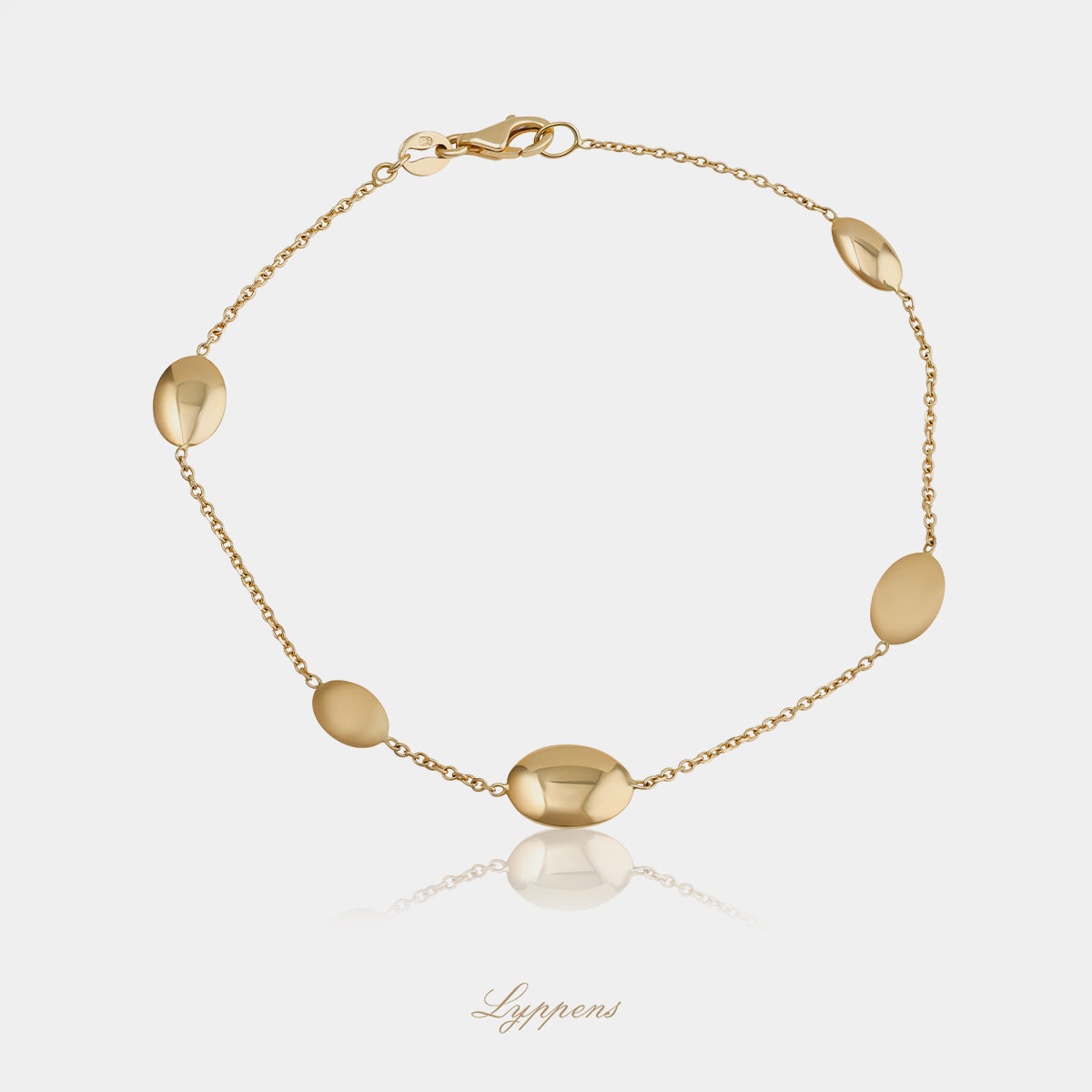 14kt geelgouden anker schakelarmband met ovale schijfjes en matte en glanzende afwerking