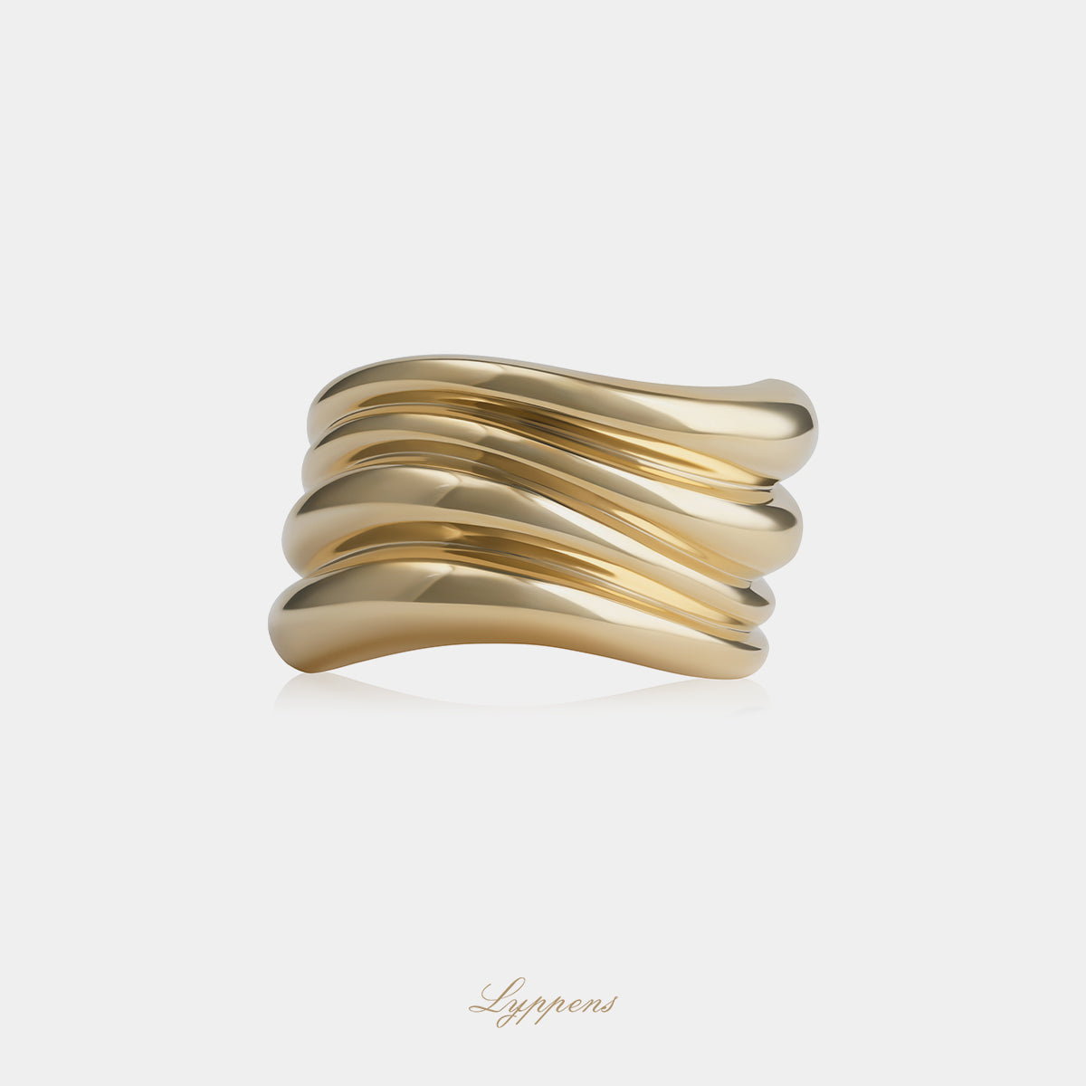 14kt geelgouden fantasie ring met meerdere golvende banen en speels design